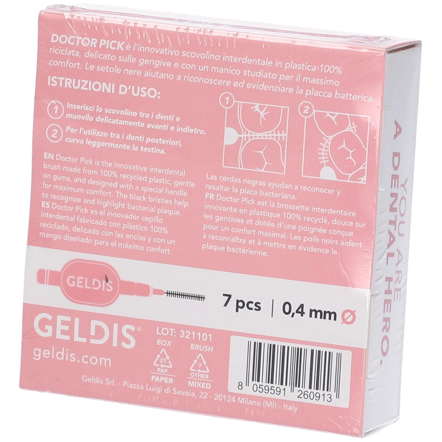 Retro della confezione con informazioni. Geldis Doctor Pick, 7 pezzi, 0,4 mm.