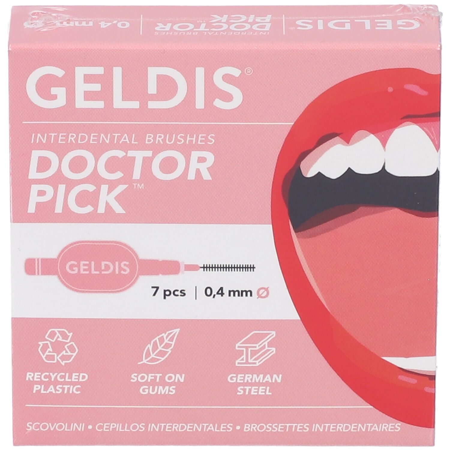 Scatola rosa con scovolini. Geldis Doctor Pick, 7 pezzi, 0,4 mm.