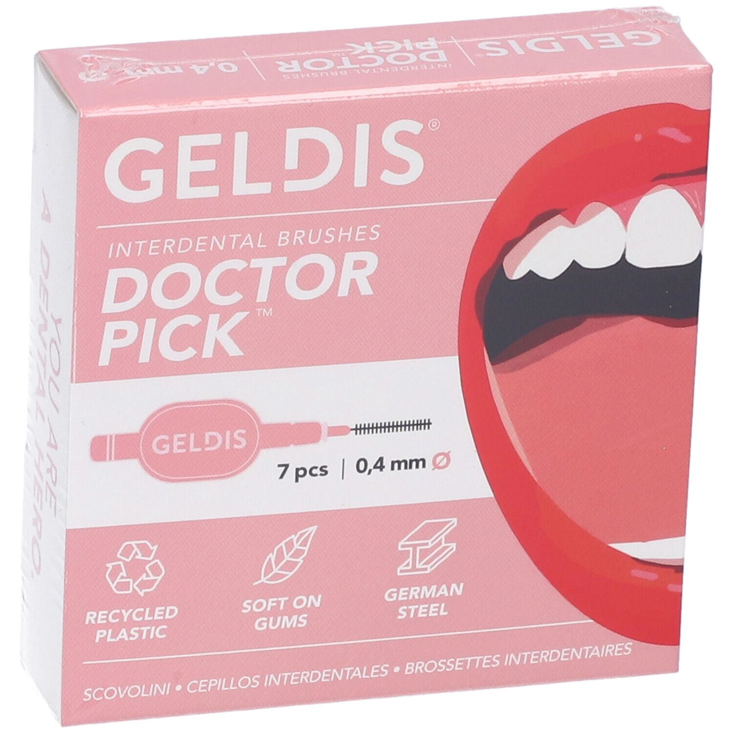 Scatola rosa con scovolini. Geldis Doctor Pick, 7 pezzi, 0,4 mm.