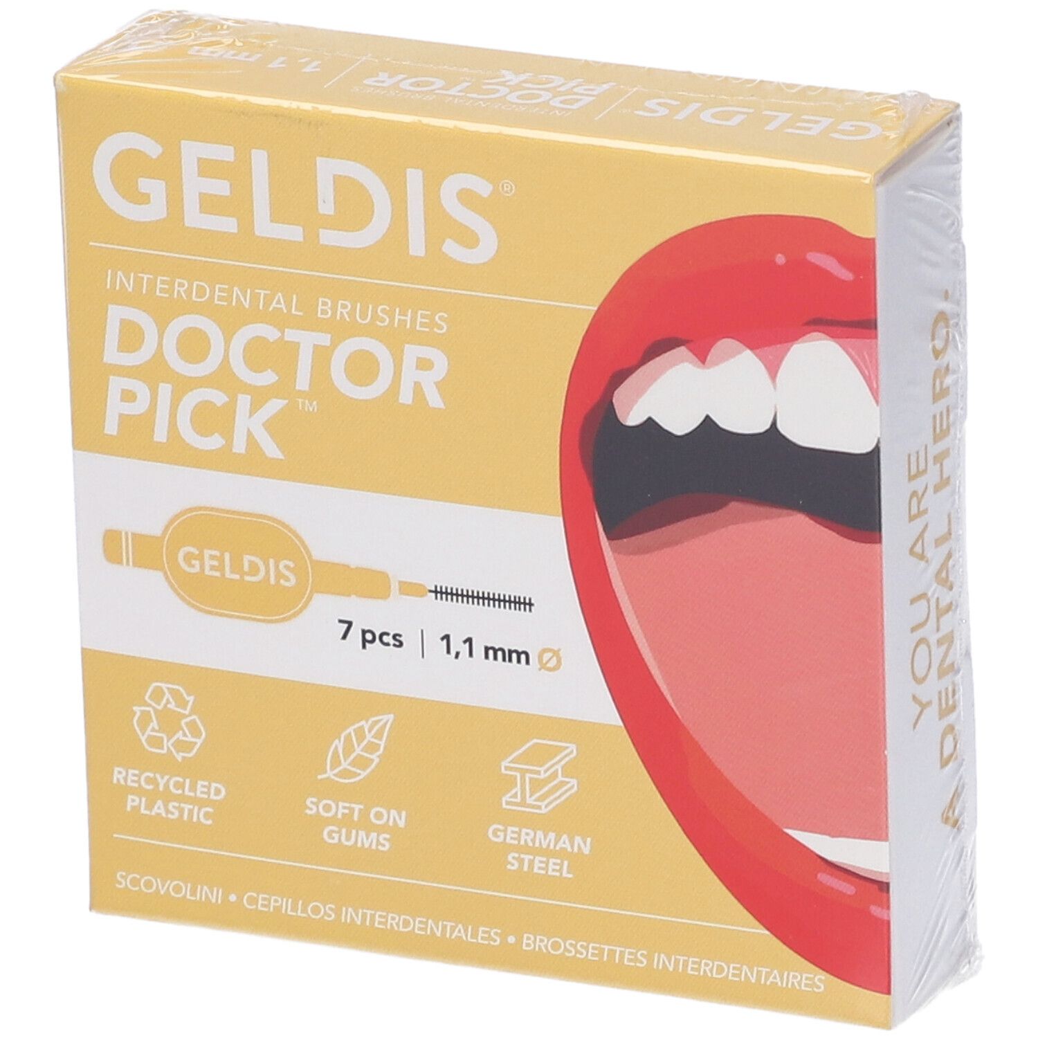 Geldis Doctor Pick, confezione. Scatola gialla, immagine del prodotto, testo.
