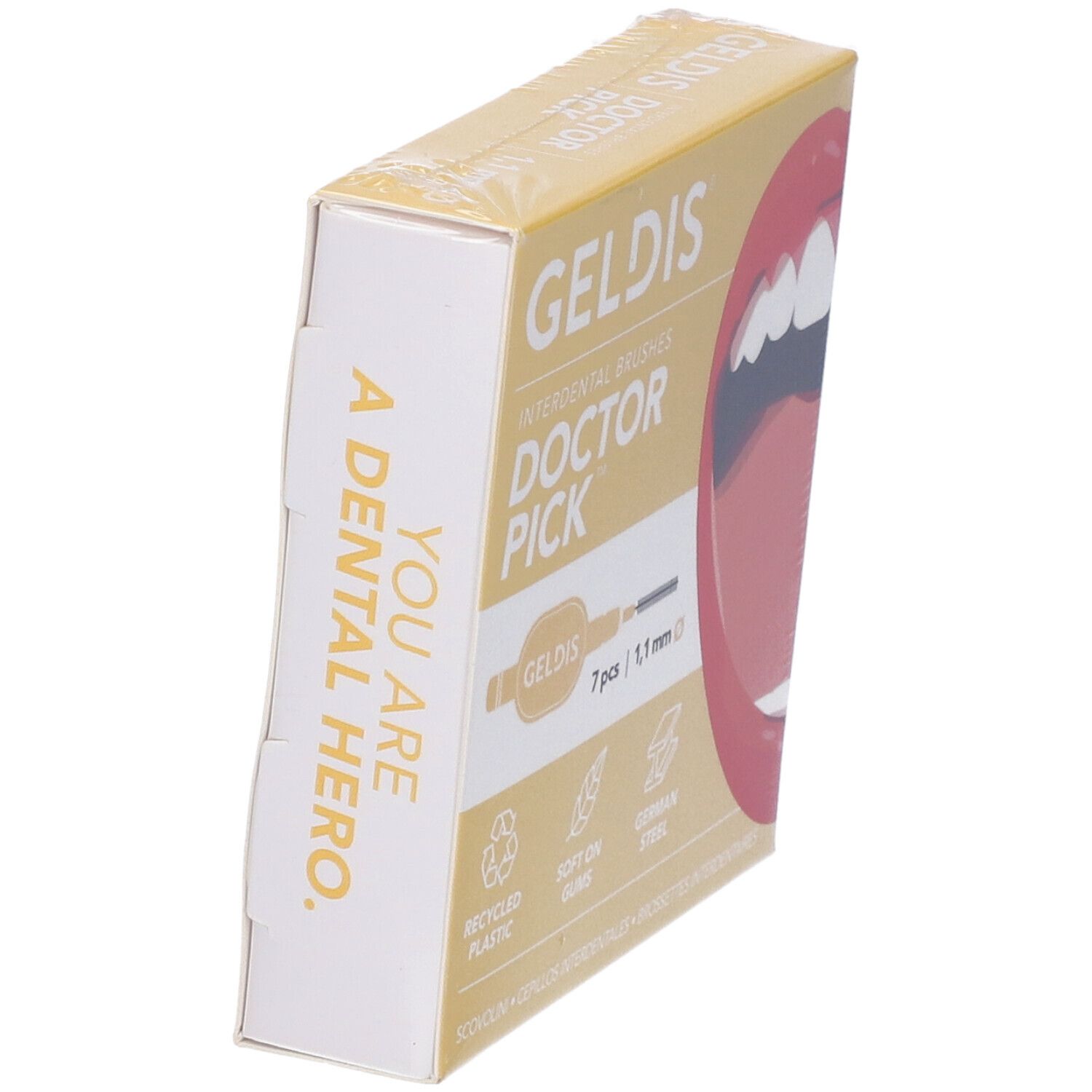 Geldis Doctor Pick, confezione. Scatola gialla, immagine del prodotto, testo.