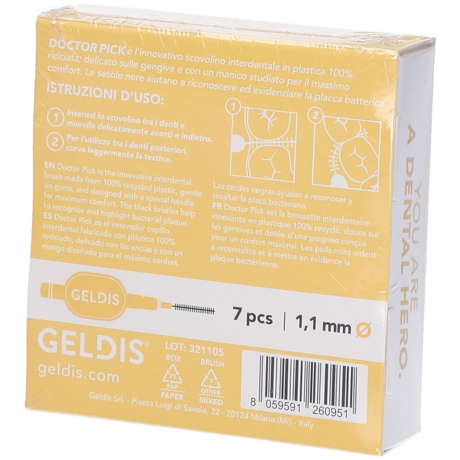Geldis Doctor Pick, confezione. Retro con informazioni sul prodotto e istruzioni per l'uso.