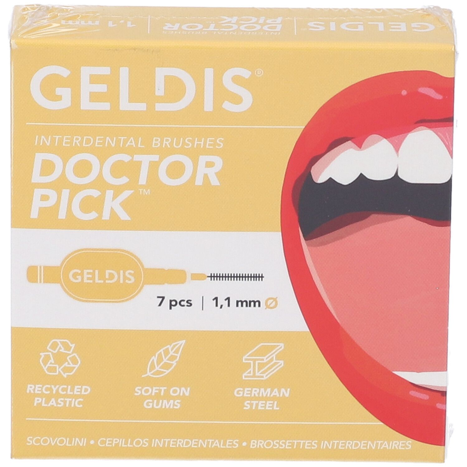 Geldis Doctor Pick, confezione. Fronte con immagine del prodotto e testo.