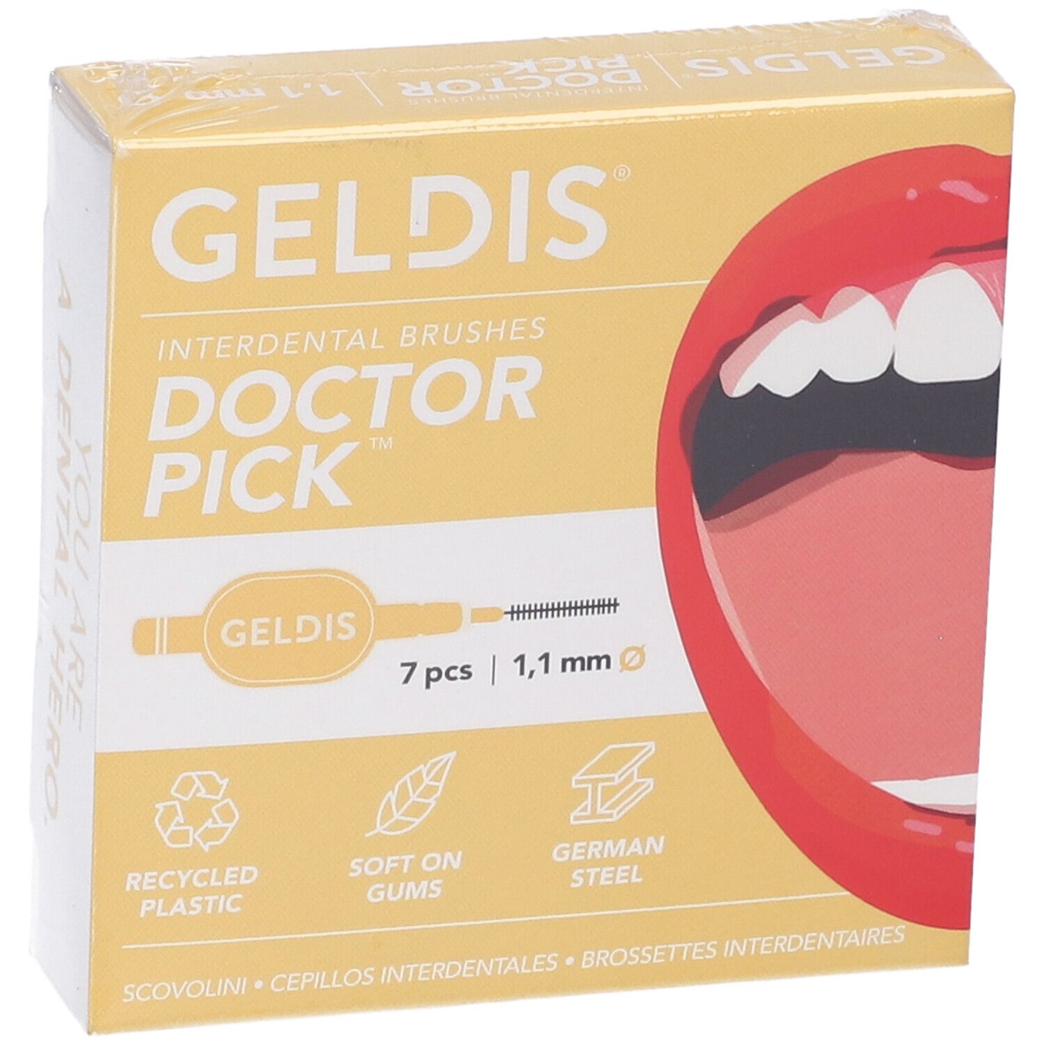 Geldis Doctor Pick, confezione. Fronte con immagine del prodotto e testo.