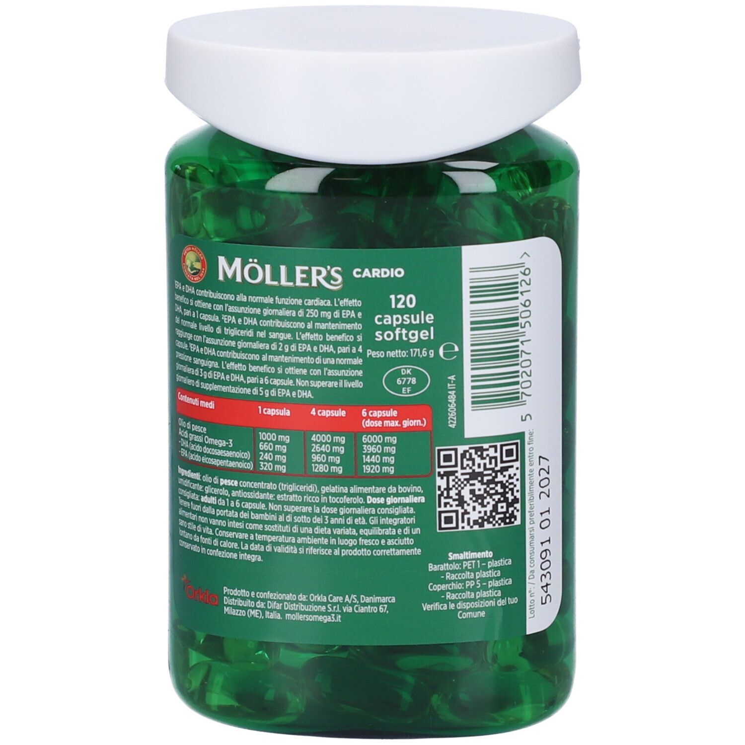 Retro del flacone verde con capsule verdi. Etichetta con testo e informazioni su ingredienti e valori nutrizionali. 120 capsule.