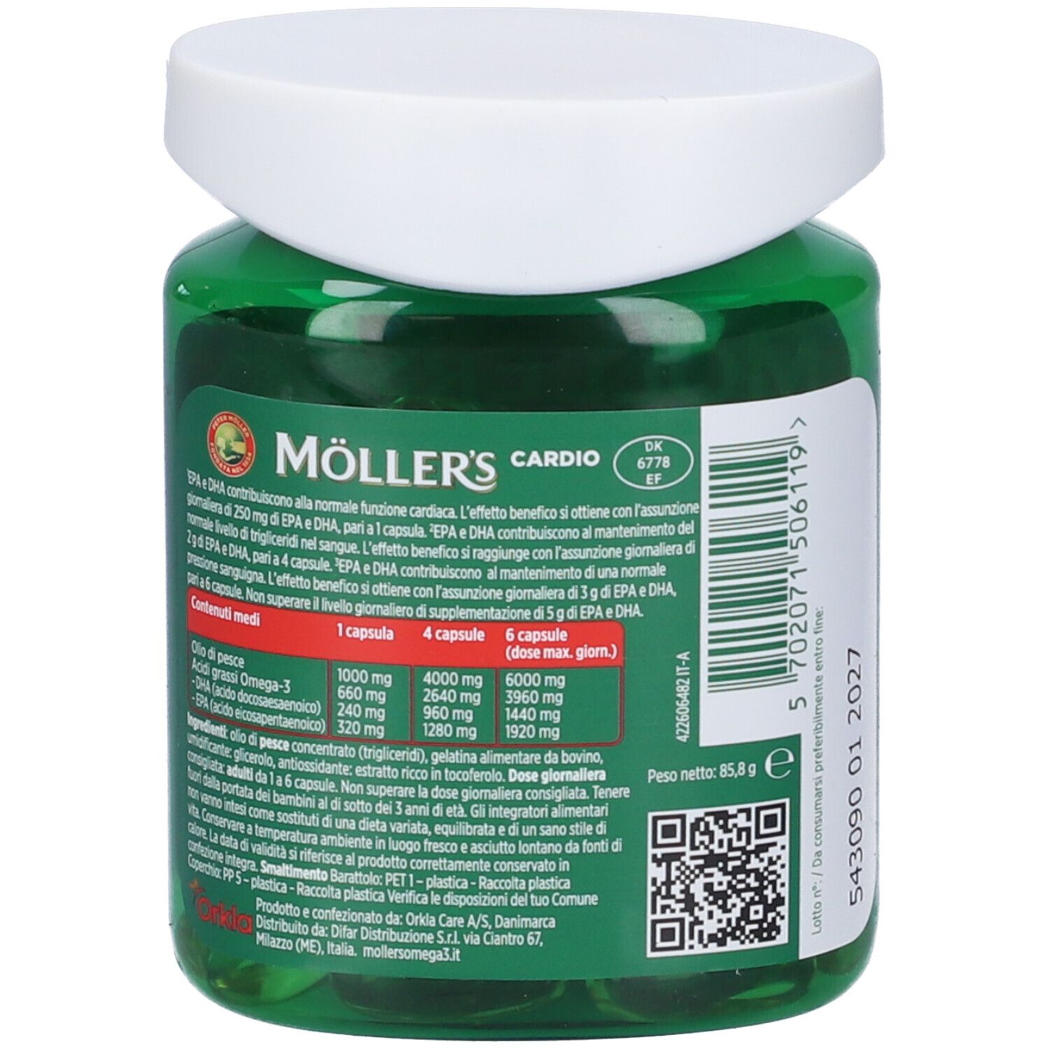 Retro del flacone di capsule verde. Scritta: Möller's Cardio. Testo con informazioni sul contenuto. Codice QR. Scadenza.