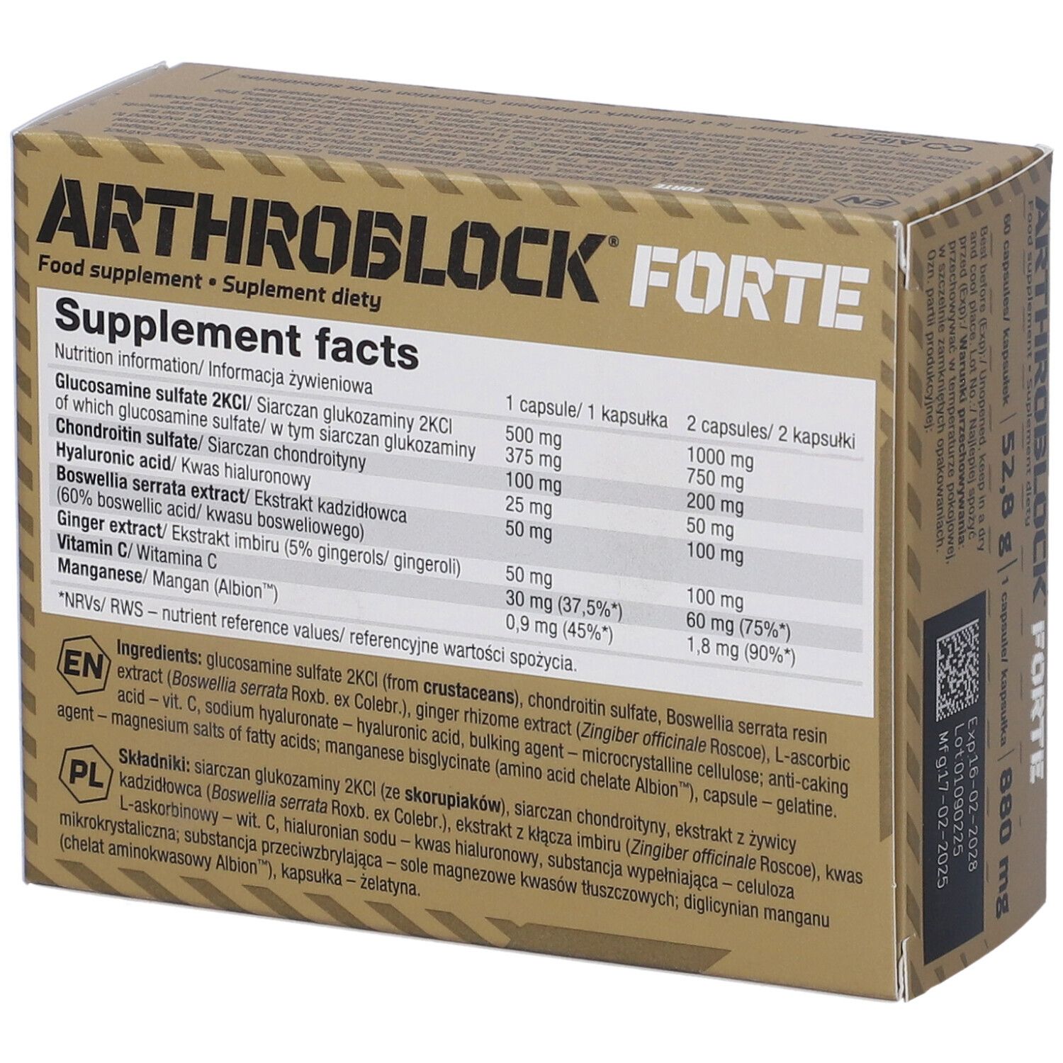 Confezione ARTHROBLOCK FORTE. Tabella nutrizionale con ingredienti e quantità.
