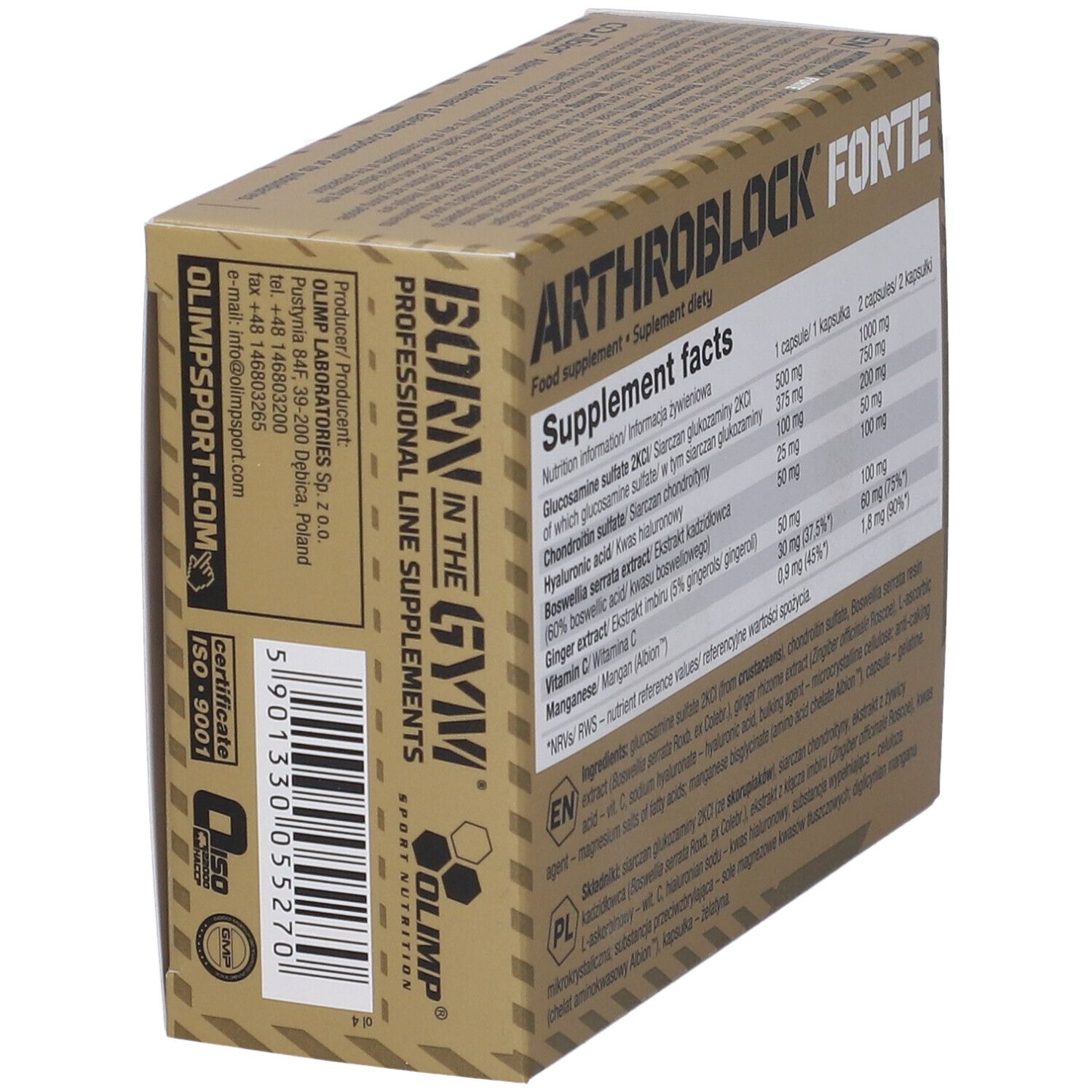 Confezione ARTHROBLOCK FORTE. Retro con informazioni, certificazione ISO 9001.