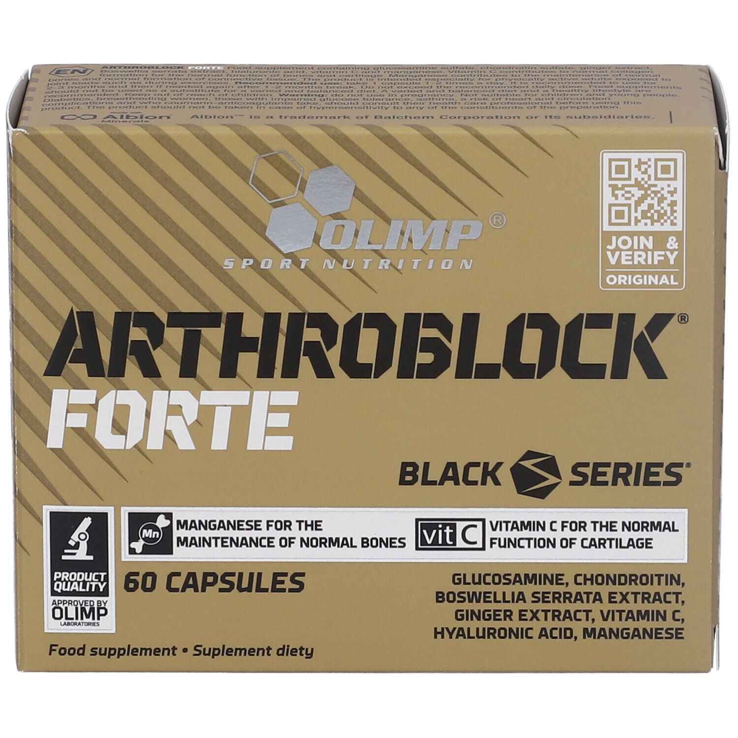 Confezione ARTHROBLOCK FORTE, 60 capsule. Scritta nera su sfondo dorato, logo e dettagli.