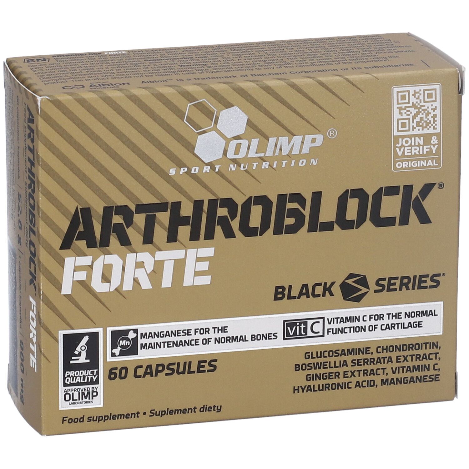 Confezione ARTHROBLOCK FORTE, 60 capsule. Scritta nera su sfondo dorato, logo e dettagli.