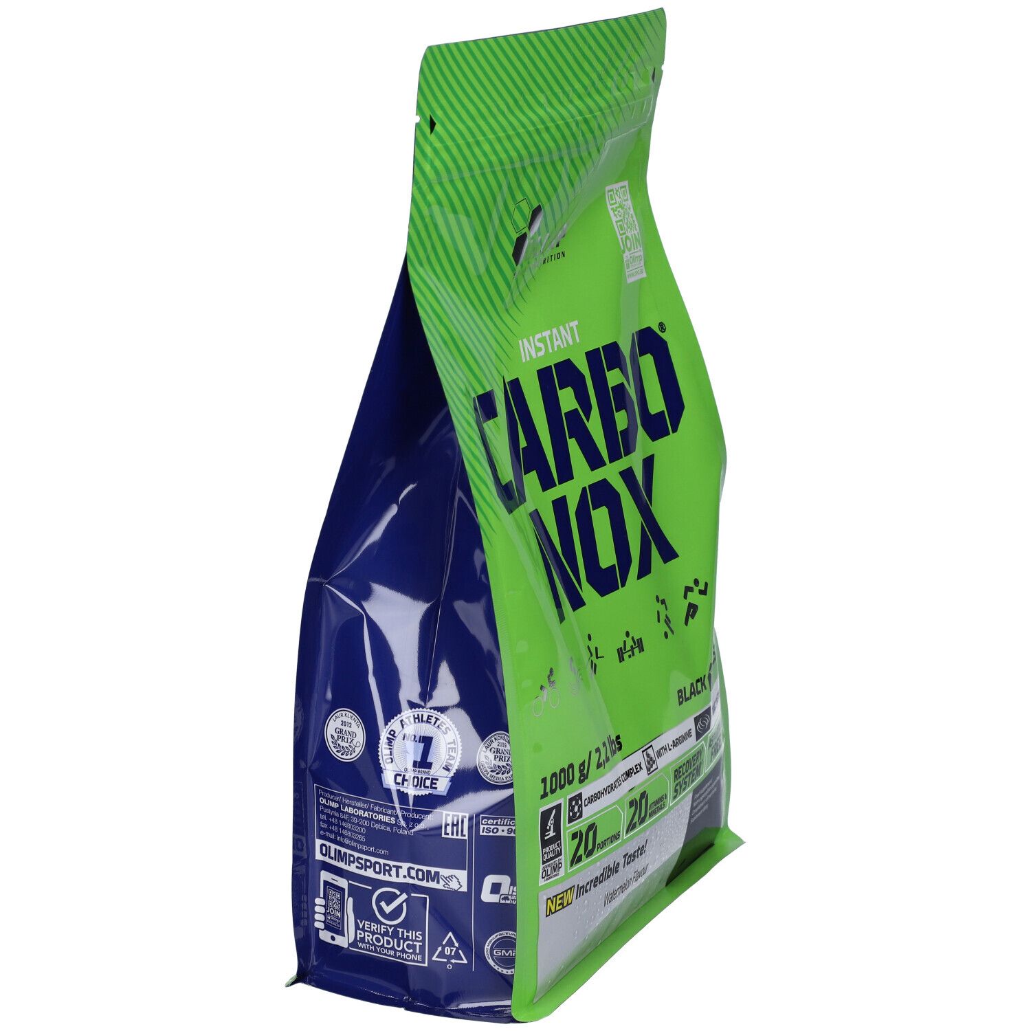 Vista laterale di un sacchetto verde con scritta "CARBINOX", 1000g, gusto anguria.