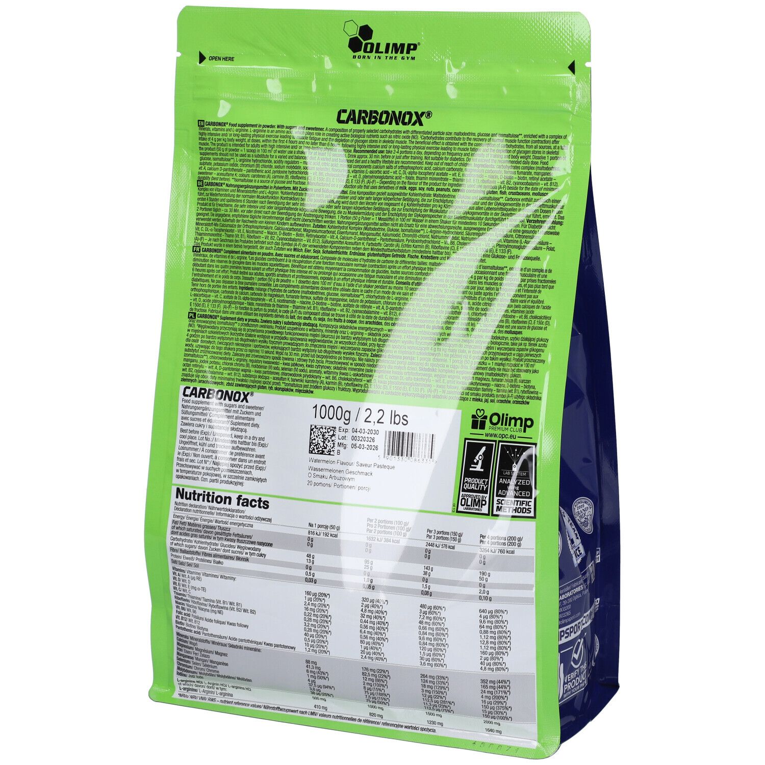 Retro di un sacchetto verde con scritta "CARBINOX", informazioni nutrizionali e gusto anguria.
