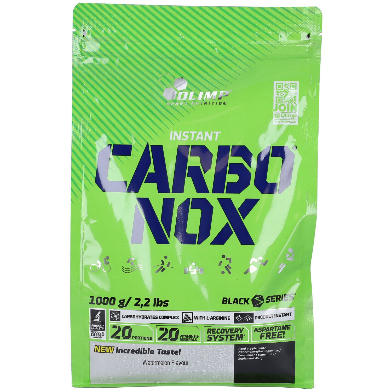 Sacchetto verde con scritta "CARBINOX", 1000g, gusto anguria, testo "NEW Incredible Taste!".