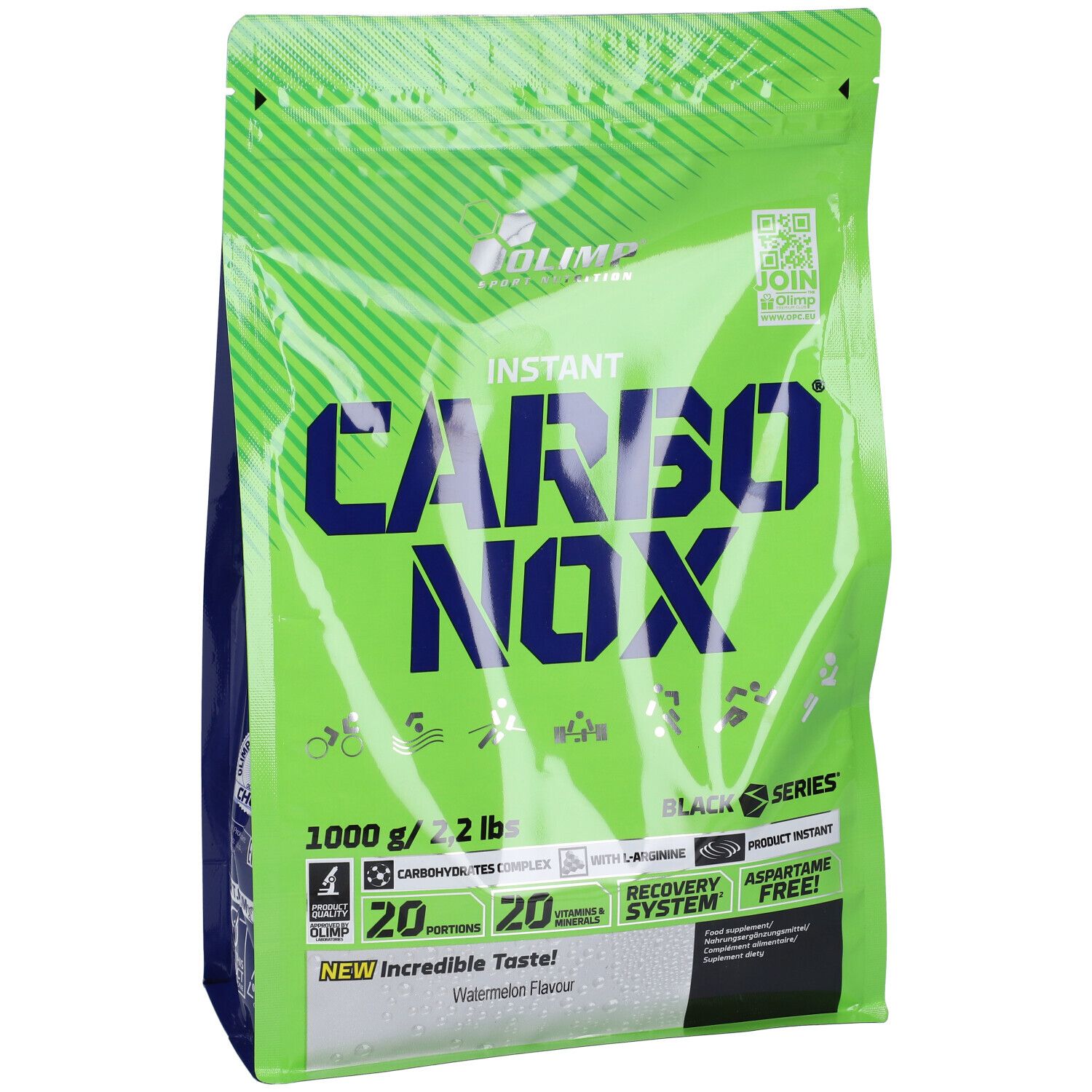 Fronte di un sacchetto verde con scritta "CARBINOX", 1000g, gusto anguria, "NEW Incredible Taste!".