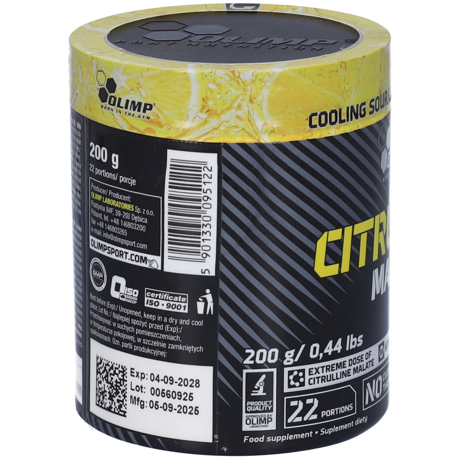 Barattolo con etichetta. Scritta: Citrulline Malate, Olimp. 200g. Certificato ISO 9001. Da consumarsi preferibilmente entro il 04-09-2026.