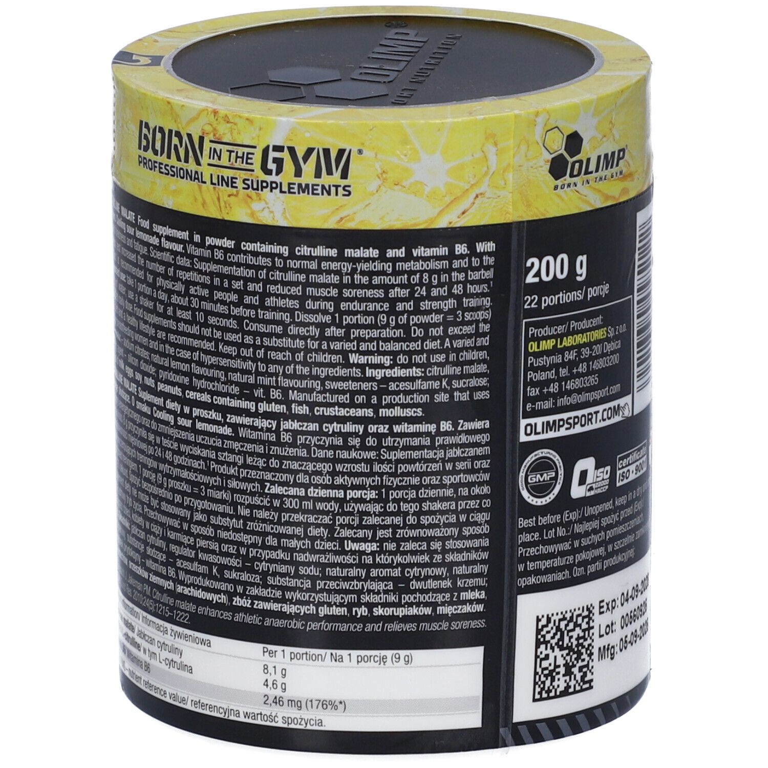 Barattolo con testo. Scritta: Citrulline Malate. Contiene citrullina malato e vitamina B6. 200g. 22 porzioni. Olimp.