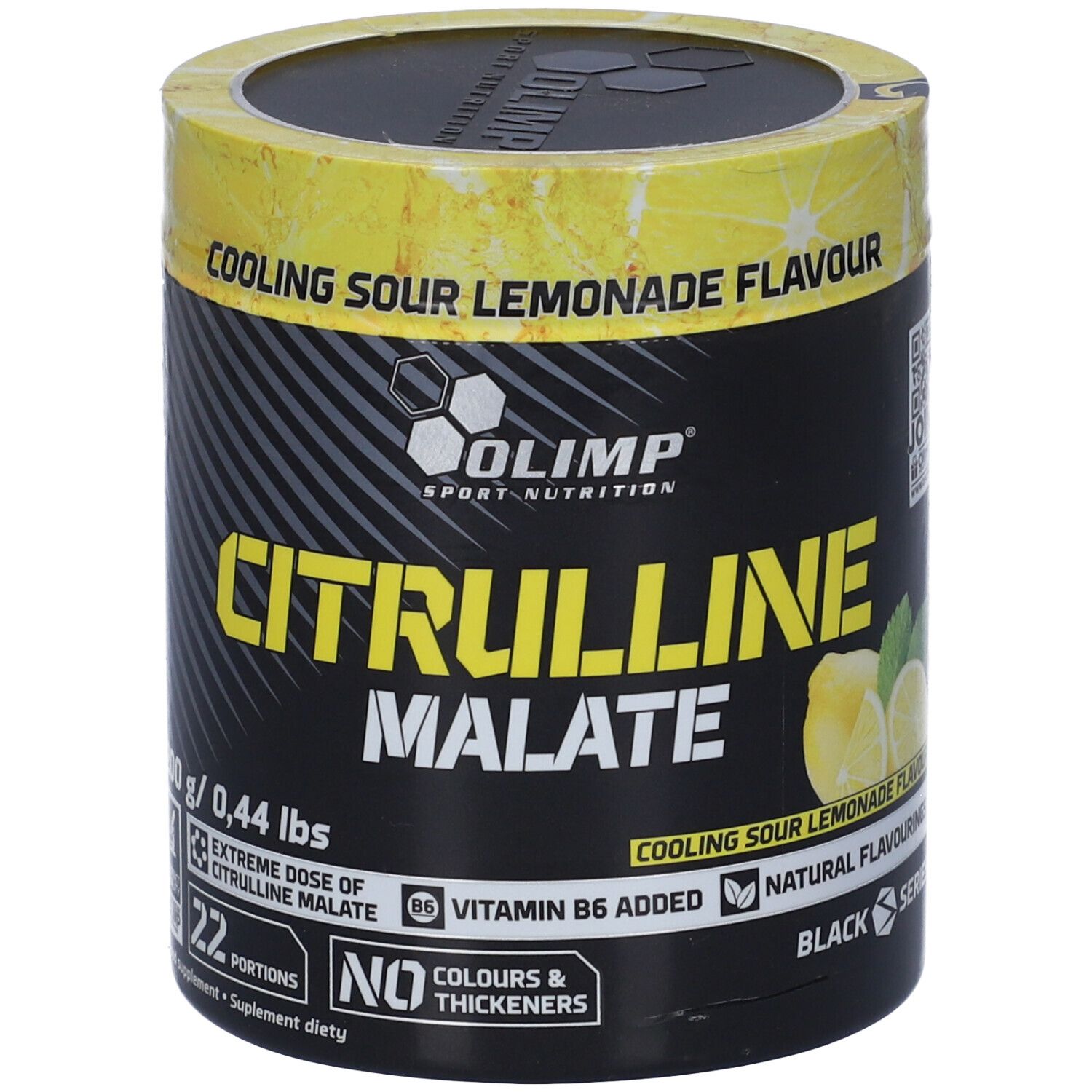 Barattolo nero con coperchio giallo. Scritta: Citrulline Malate, Olimp. Limonata acida rinfrescante. Vitamina B6. Aromi naturali.