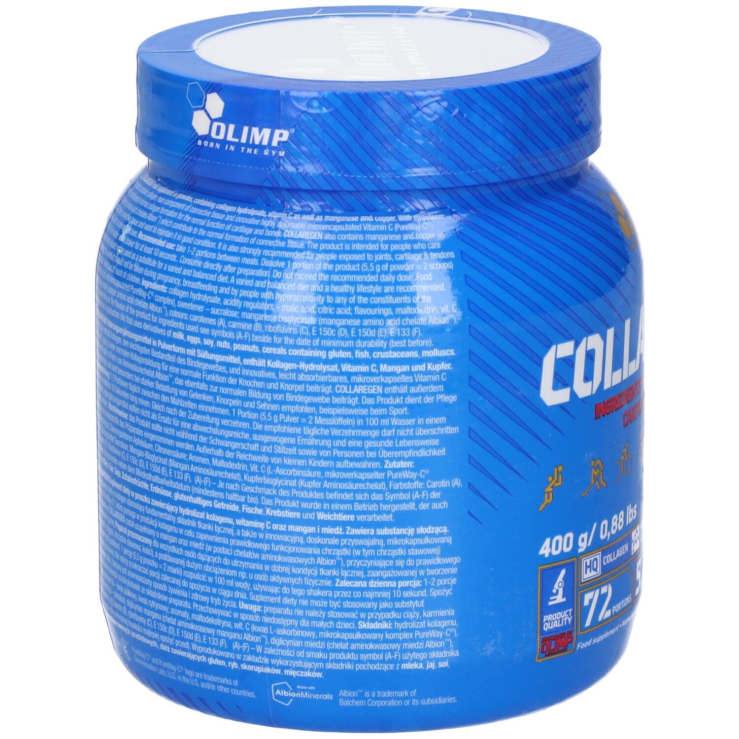 Barattolo blu con testo. Retro con informazioni sugli ingredienti, valori nutrizionali e informazioni del produttore. 400g di polvere.