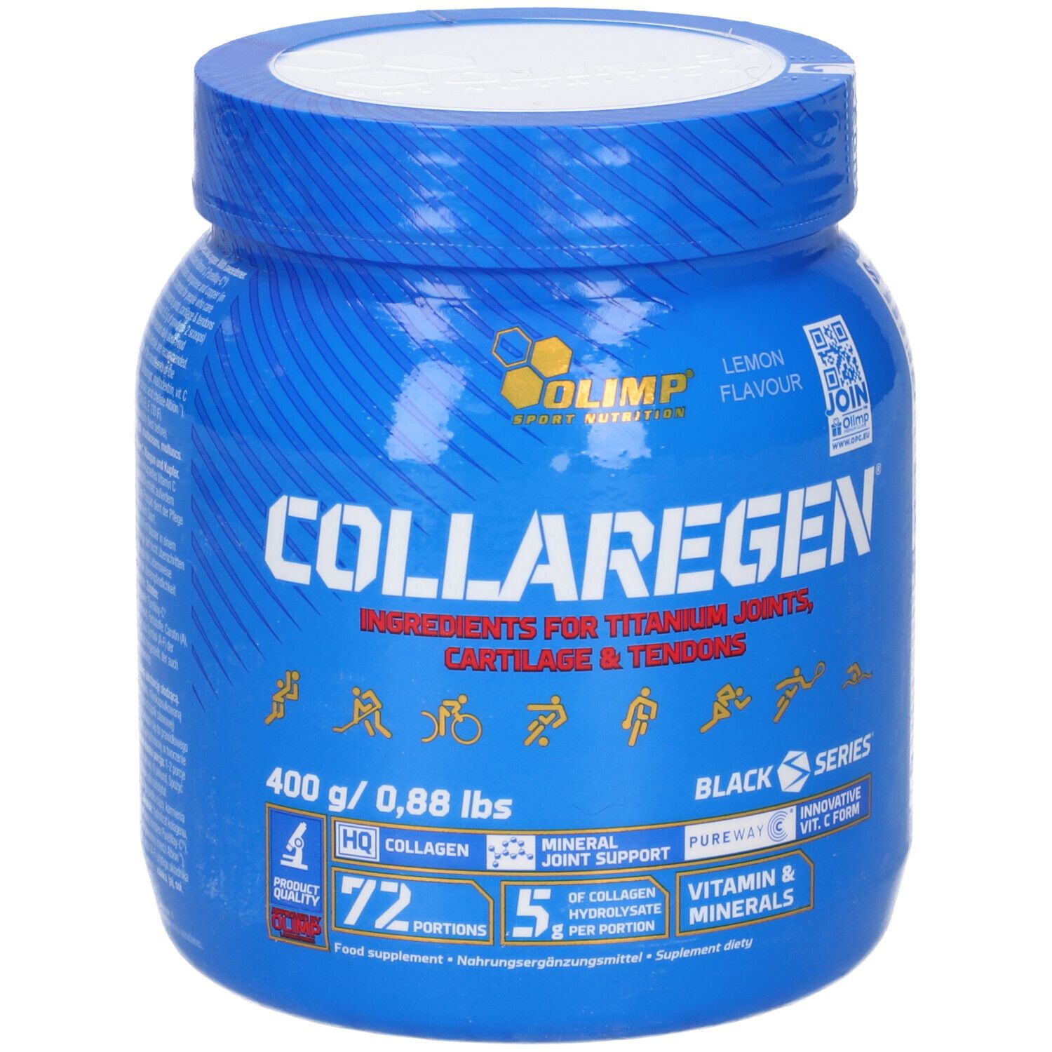 Barattolo blu con coperchio bianco. Scritta: Collaregen, Olimp. Contiene 400g di polvere. Informazioni sugli ingredienti e valori nutrizionali.