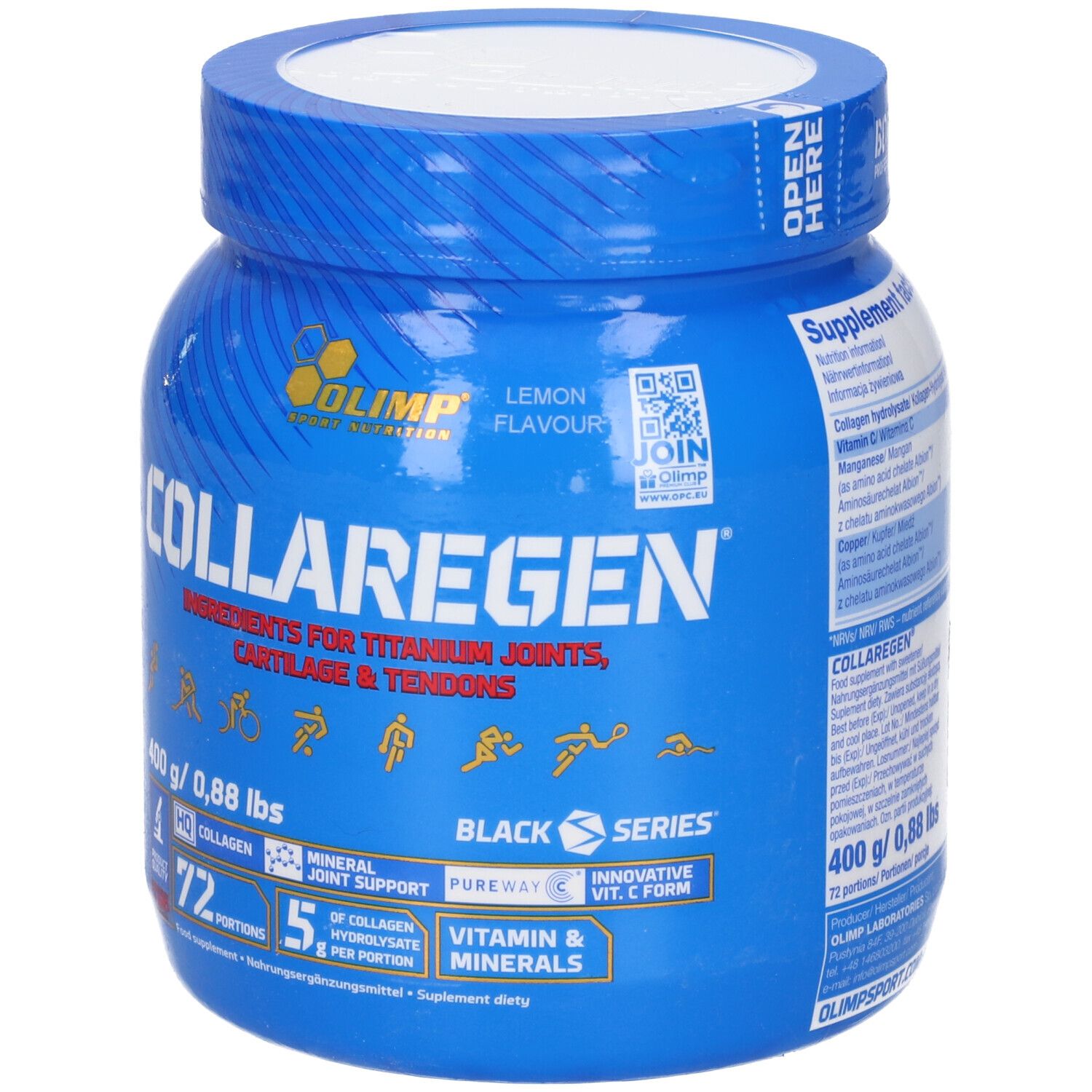 Barattolo blu con coperchio bianco. Scritta: Collaregen, Olimp. Contiene 400g di polvere. Informazioni sugli ingredienti e valori nutrizionali.