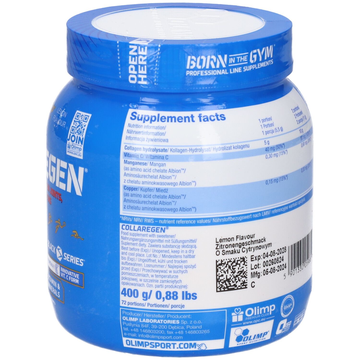 Barattolo blu con coperchio bianco. Adesivo con informazioni nutrizionali e informazioni del produttore. 400g di polvere.