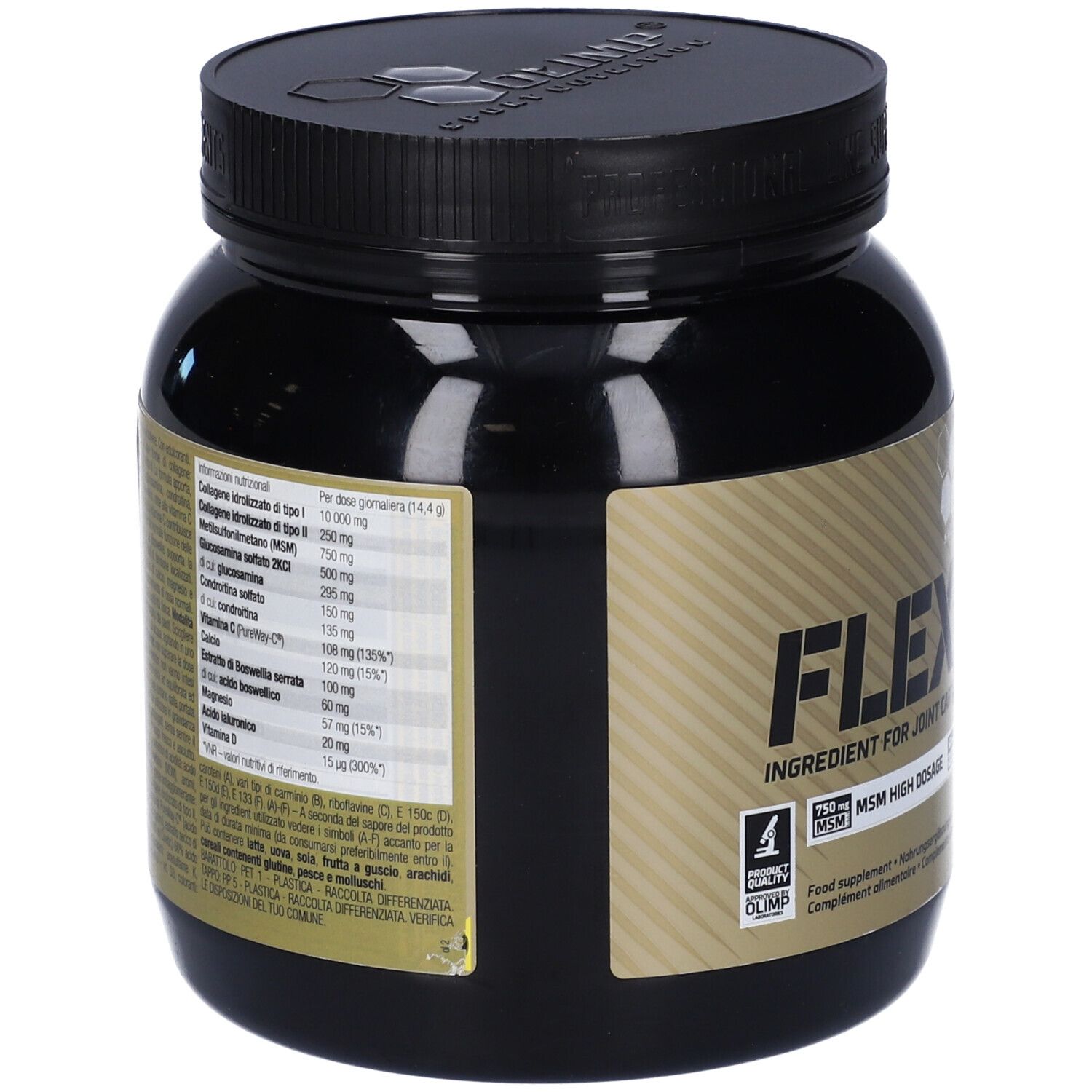 Barattolo nero, vista laterale con informazioni nutrizionali su etichetta dorata.