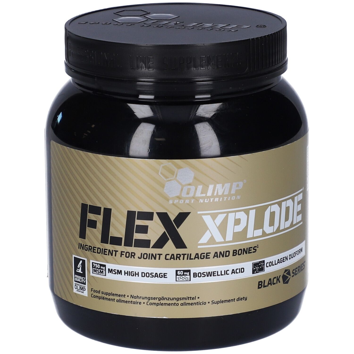 Barattolo nero con etichetta dorata. Scritta: FLEX XPLODE, ingredienti per articolazioni e ossa.