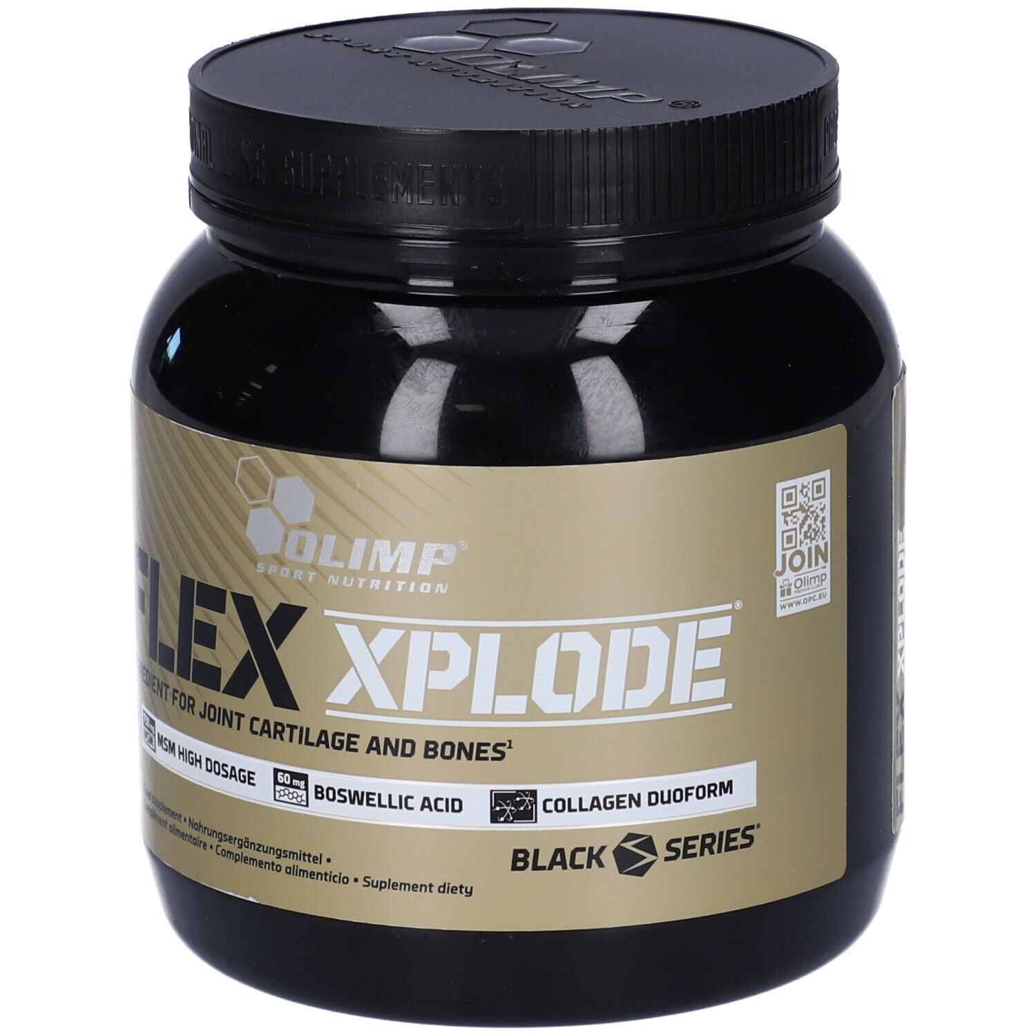 Barattolo nero con etichetta dorata. Scritta: FLEX XPLODE, ingredienti per articolazioni e ossa.