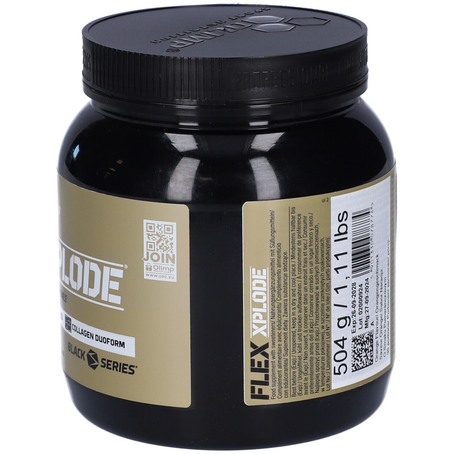 Barattolo nero, retro con ingredienti e indicazione peso: 504 g / 1,11 lbs.