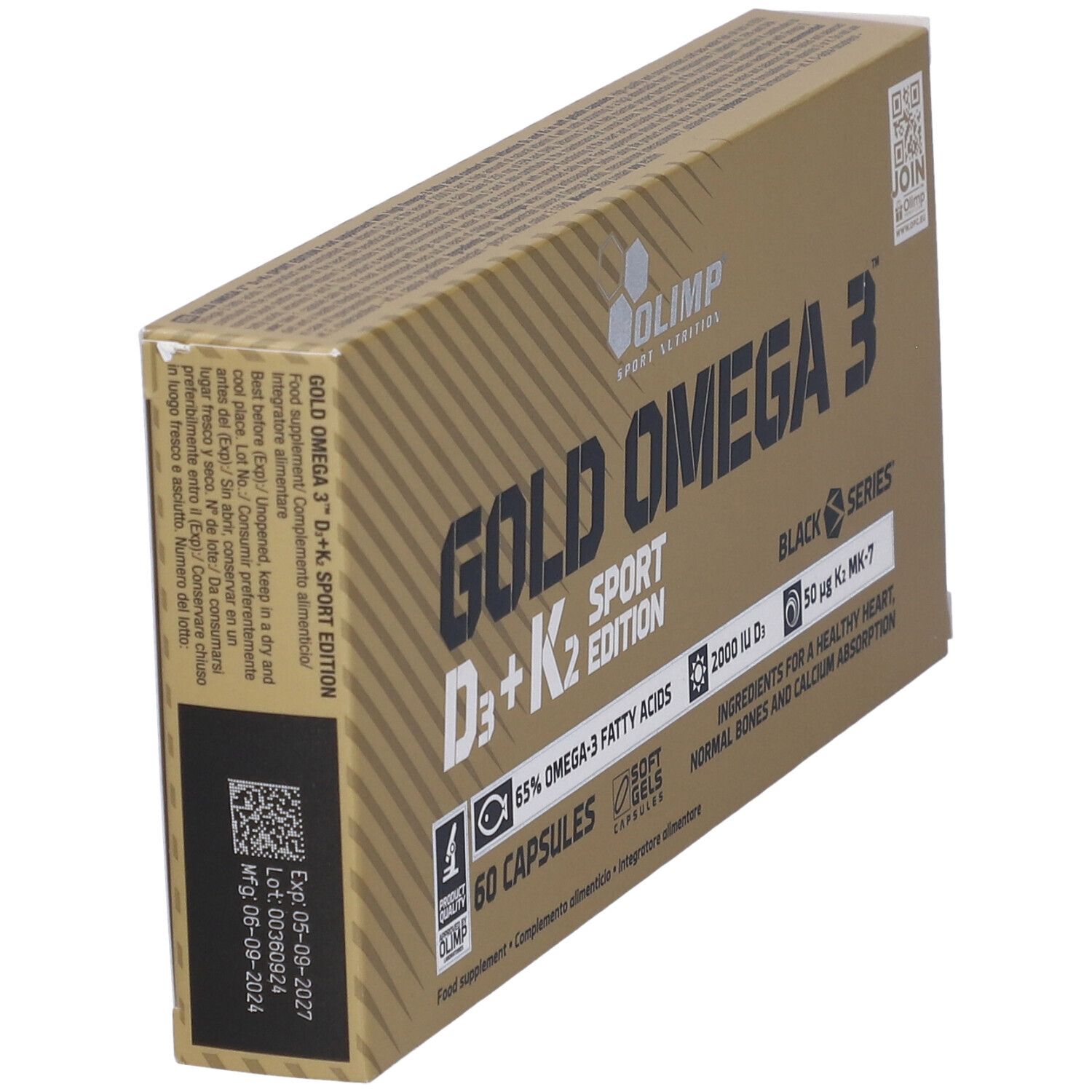 Confezione Gold Omega 3 D3+K2 Sport Edition. Vista laterale con informazioni e loghi. 60 capsule.