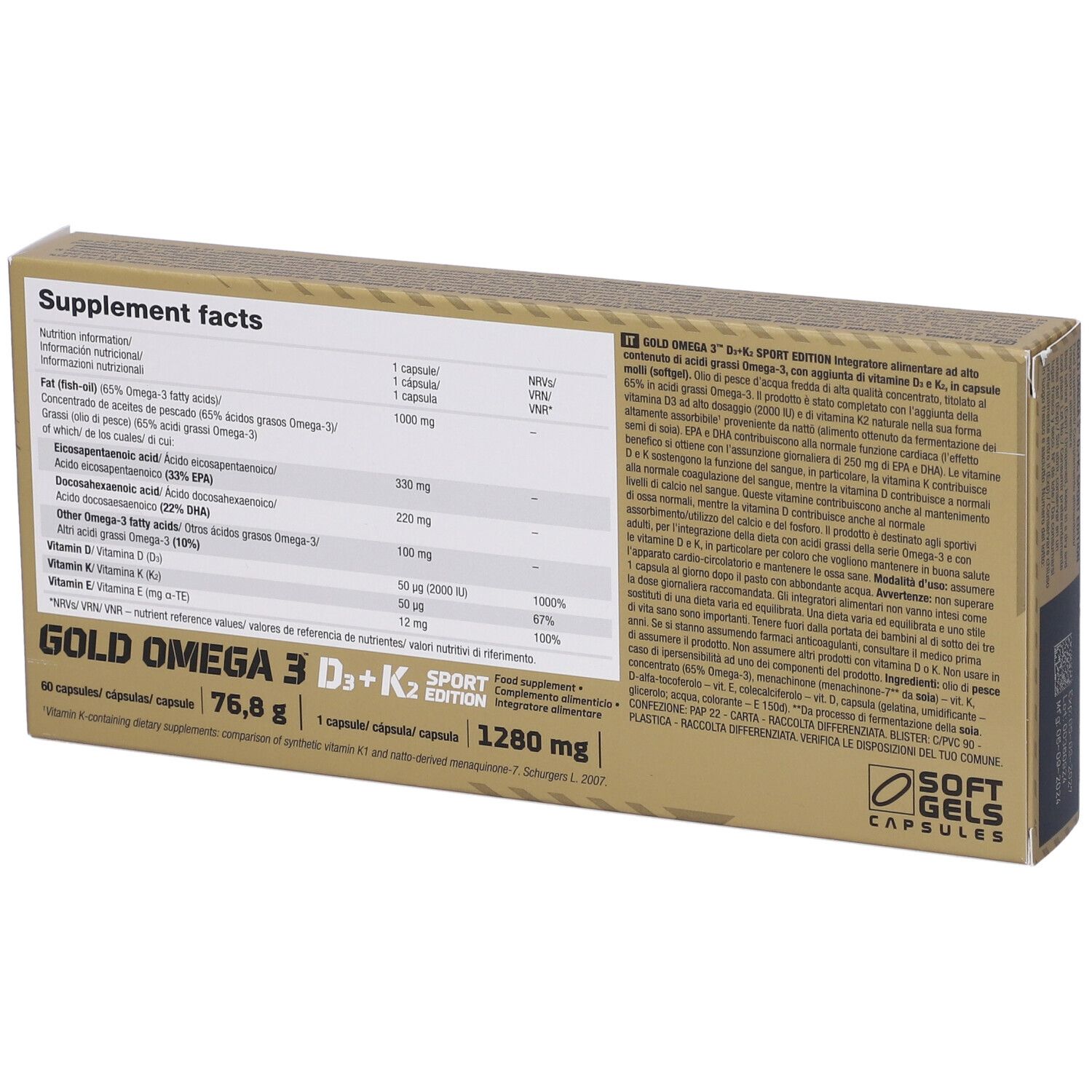Confezione Gold Omega 3 D3+K2 Sport Edition. Retro con informazioni nutrizionali e testo. 60 capsule.