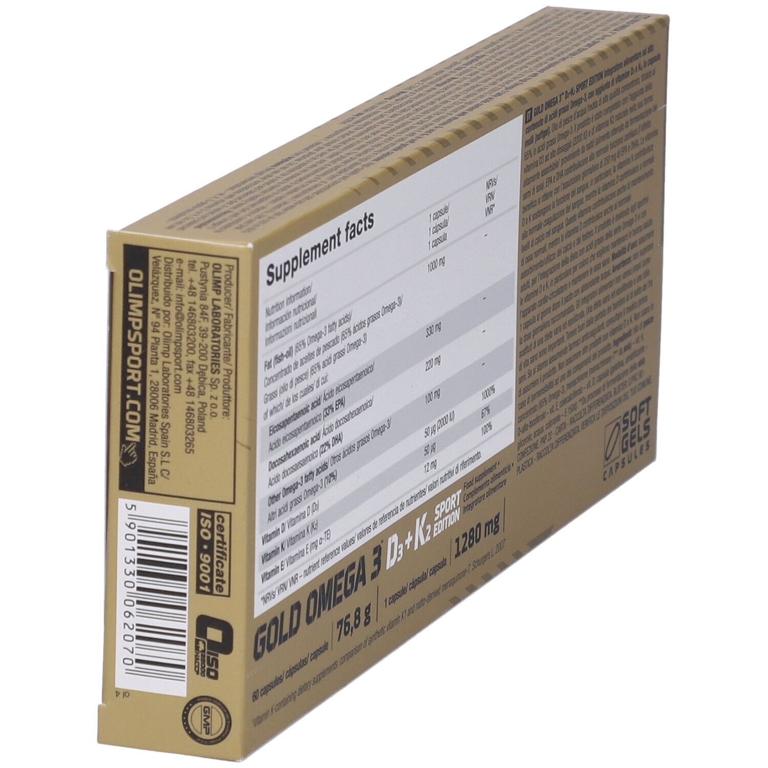 Confezione Gold Omega 3 D3+K2 Sport Edition. Retro con informazioni nutrizionali e testo. Certificazione ISO 9001.