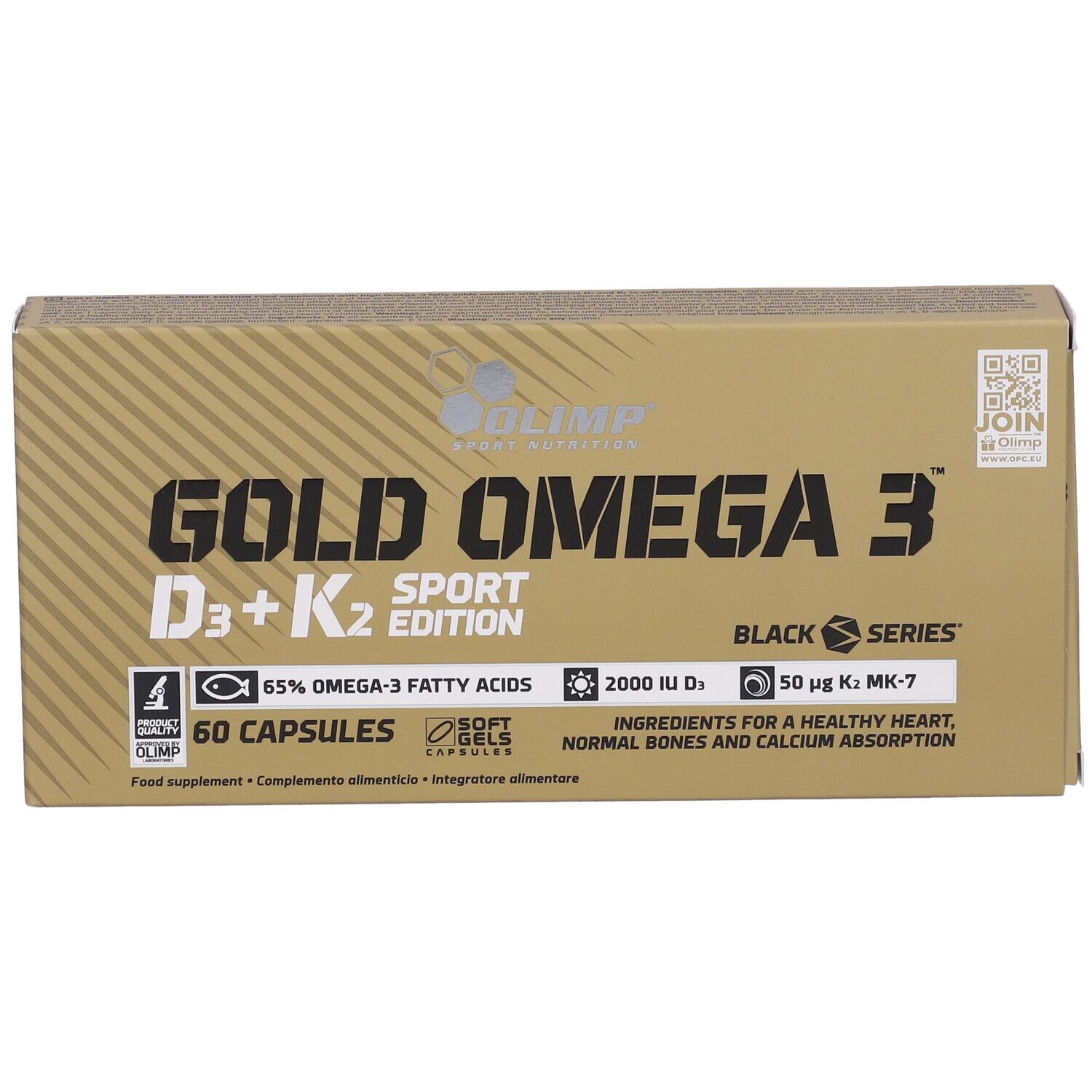 Confezione di Gold Omega 3 D3+K2 Sport Edition. Scritta del nome del prodotto e loghi. 60 capsule.