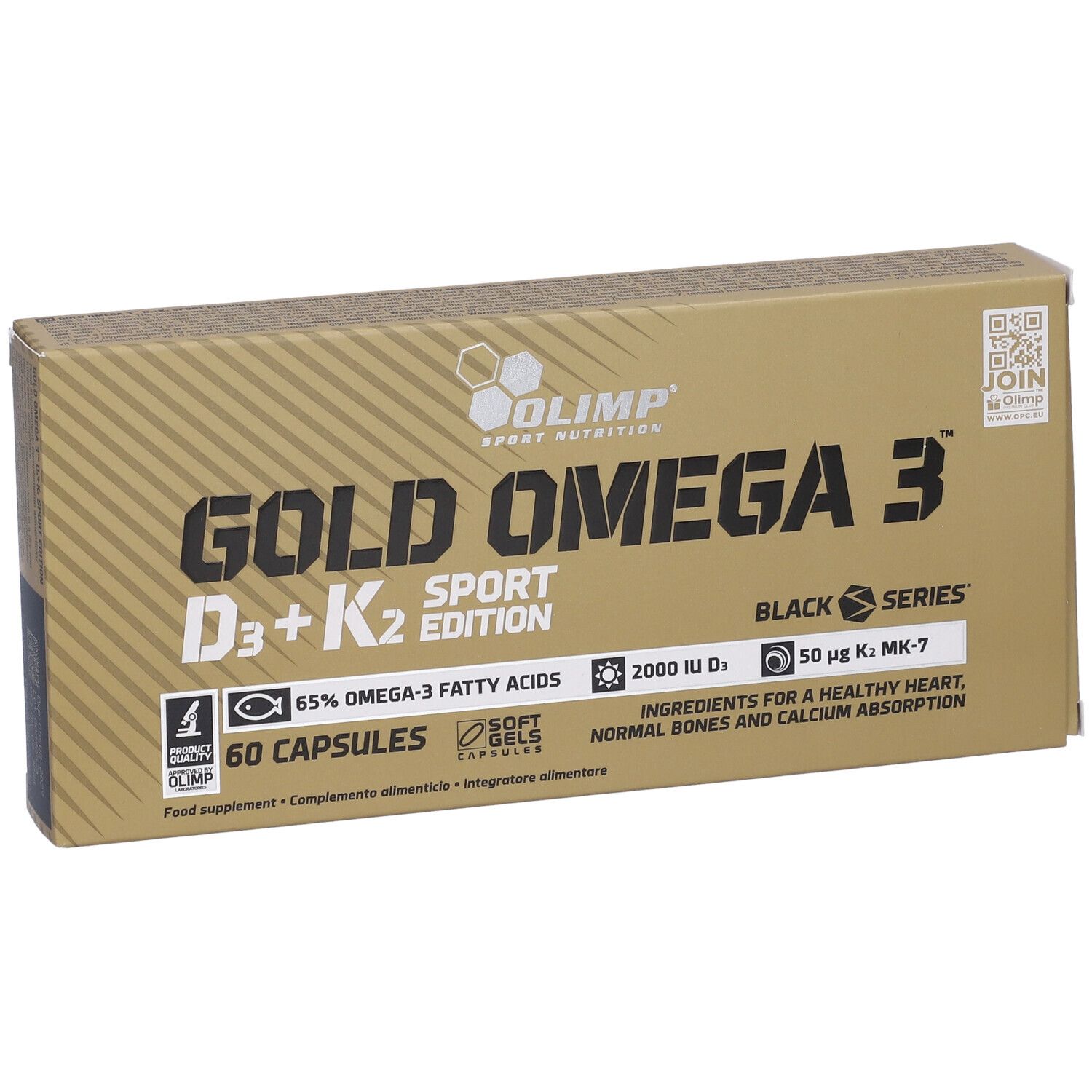 Confezione di Gold Omega 3 D3+K2 Sport Edition. Scritta del nome del prodotto e loghi. 60 capsule.