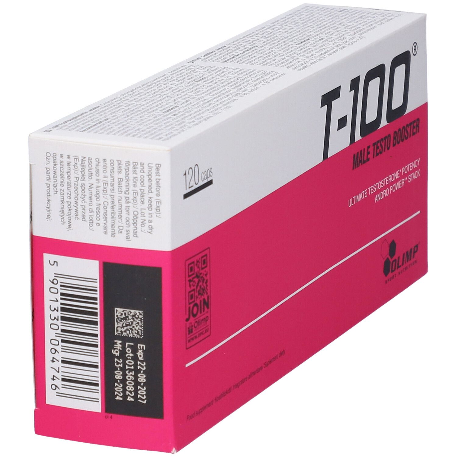 Confezione Olimp T-100 Mega Capsule, angolata. Scatola bianca e rosa con nome e logo. 120 capsule. Codice QR.