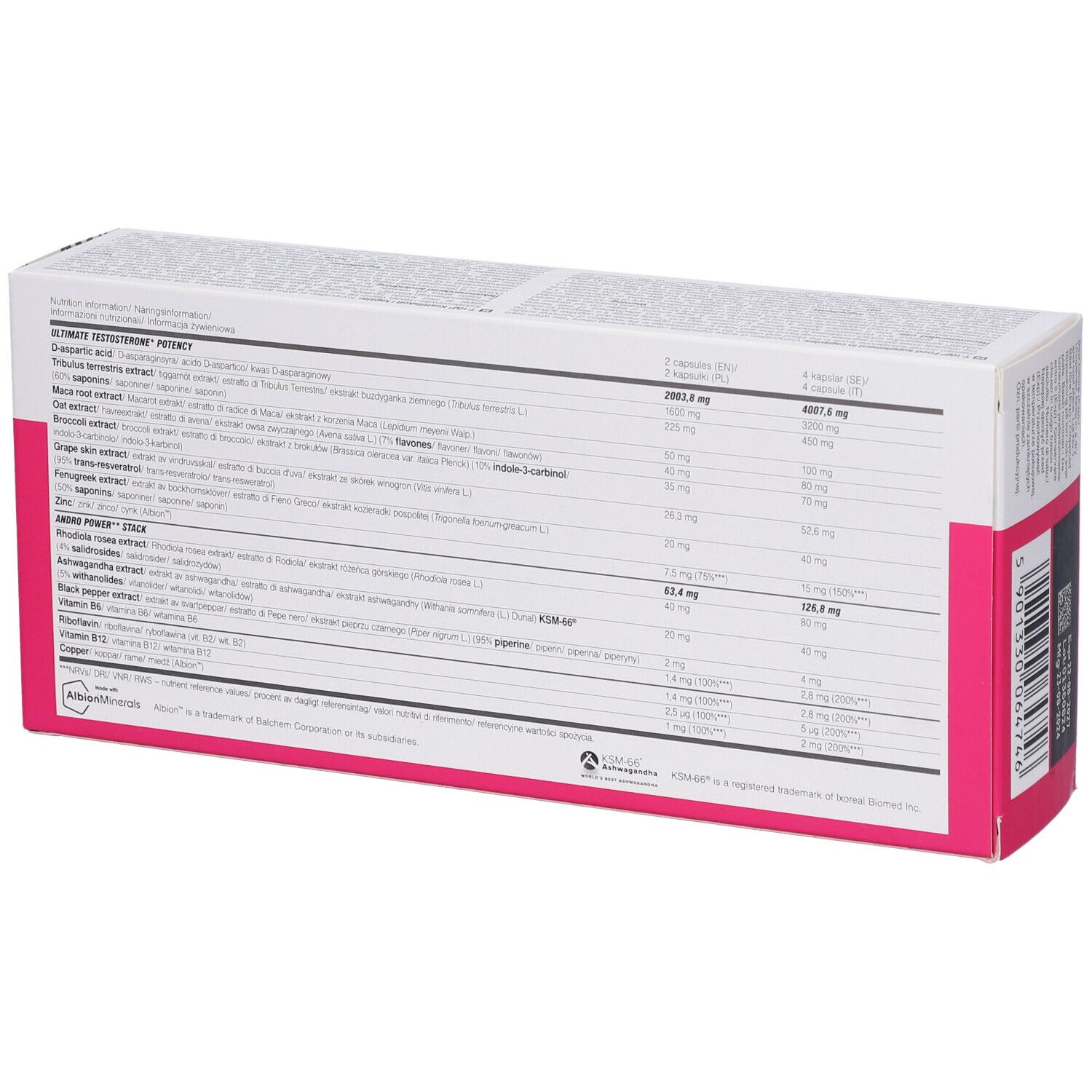 Retro della confezione Olimp T-100 Mega Capsule. Contiene informazioni nutrizionali e ingredienti. Rosa e bianco.