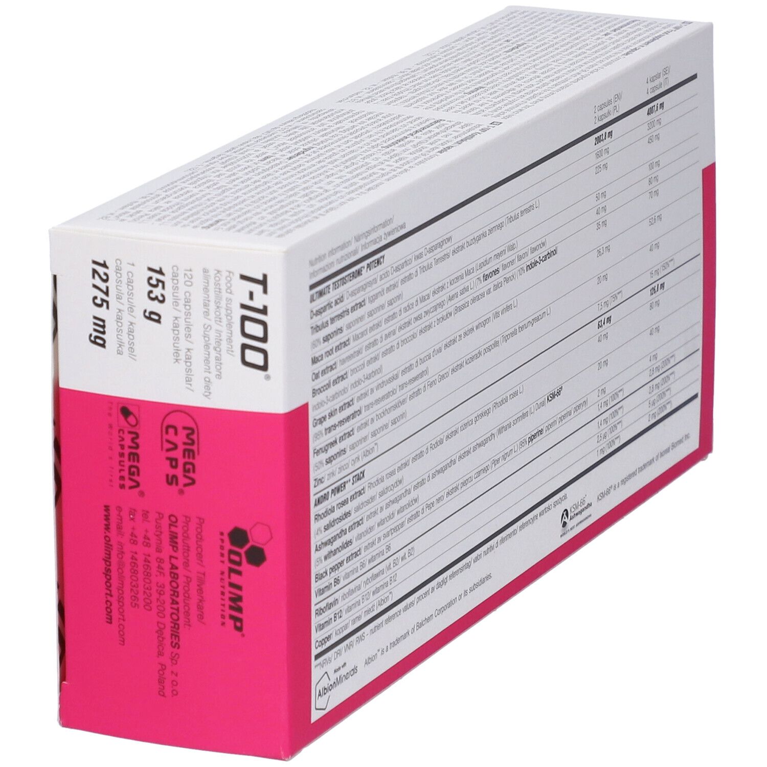 Confezione Olimp T-100 Mega Capsule, angolata. Contiene informazioni nutrizionali e ingredienti. Rosa e bianco.