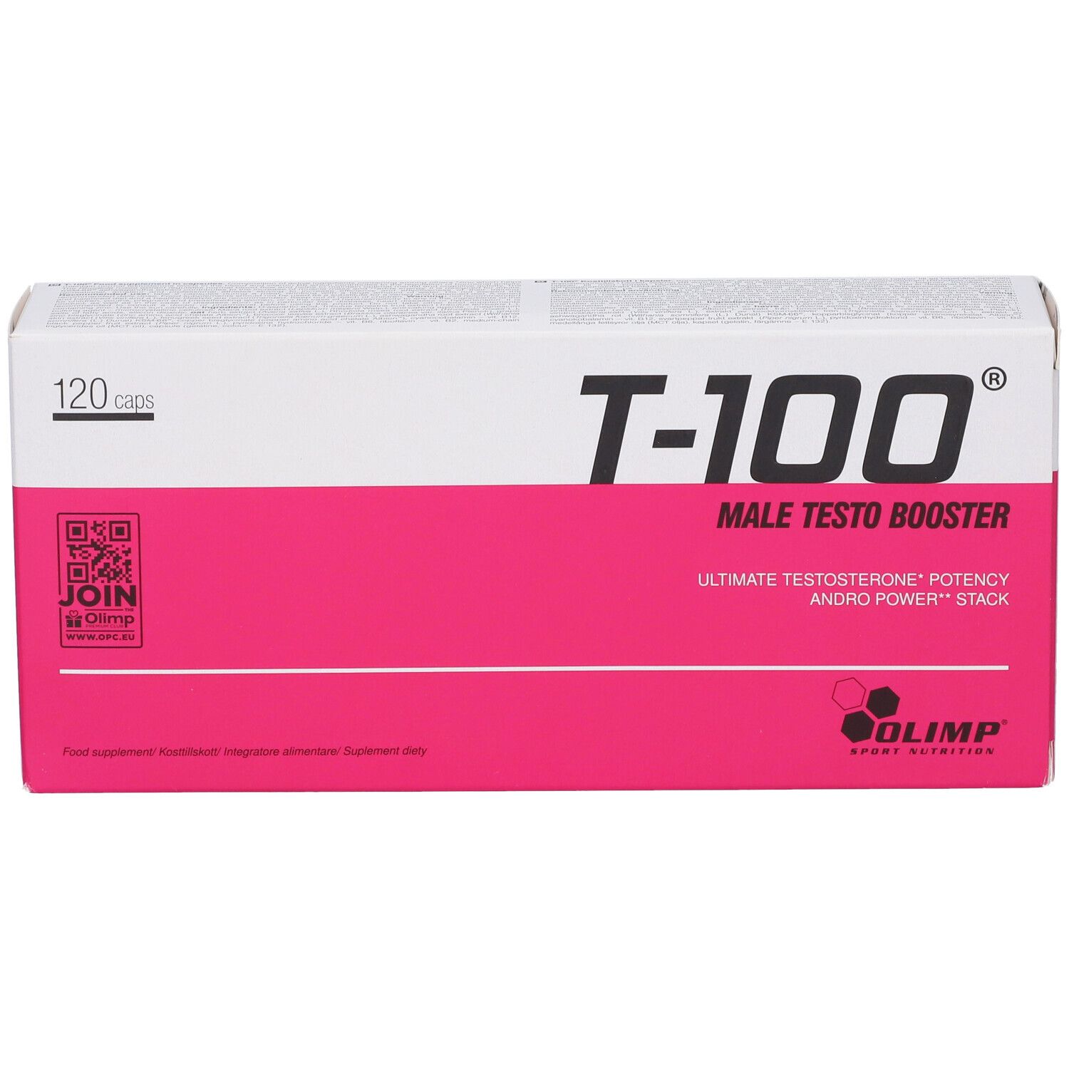 Confezione Olimp T-100 Mega Capsule. Scatola bianca e rosa con nome e logo. Contiene 120 capsule. "Male Testo Booster".