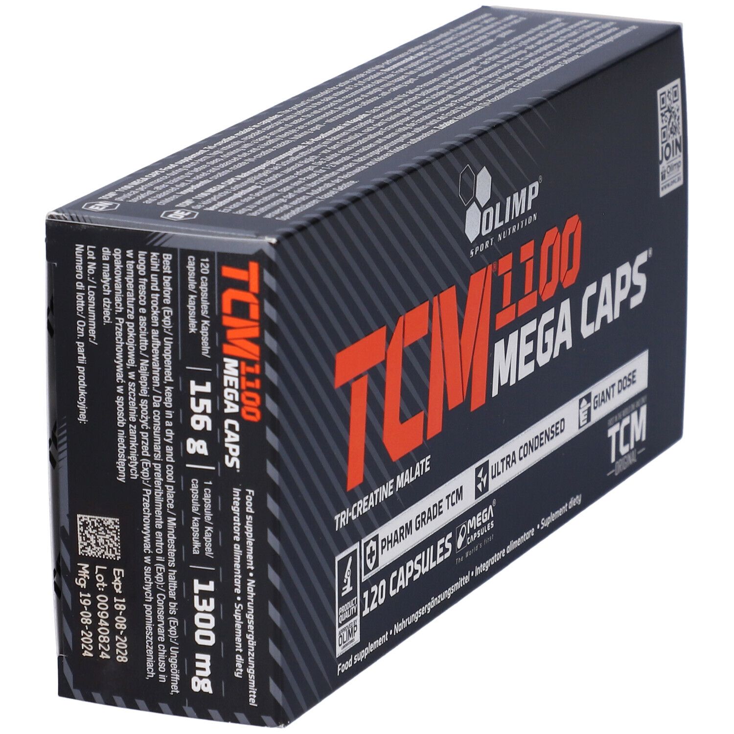 Scatola nera con testo arancione. Contiene 120 capsule. Scritta: TCM 1100 Mega Caps. Marchio: Olimp. Vista laterale.