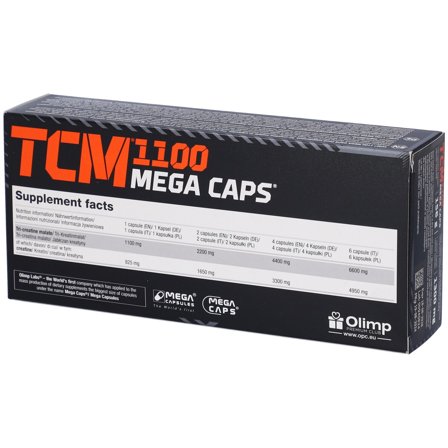 Scatola nera con testo arancione. Contiene 120 capsule. Scritta: TCM 1100 Mega Caps. Marchio: Olimp. Tabella nutrizionale.
