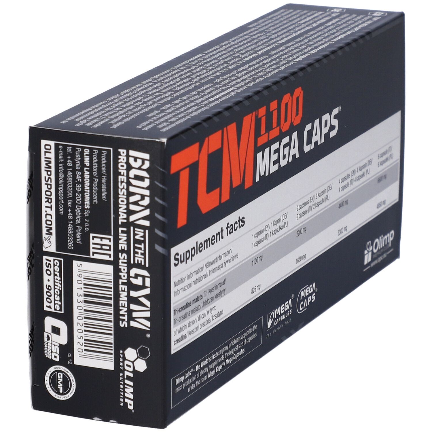 Scatola nera con testo arancione. Contiene 120 capsule. Scritta: TCM 1100 Mega Caps. Marchio: Olimp. Vista dettagliata del retro.