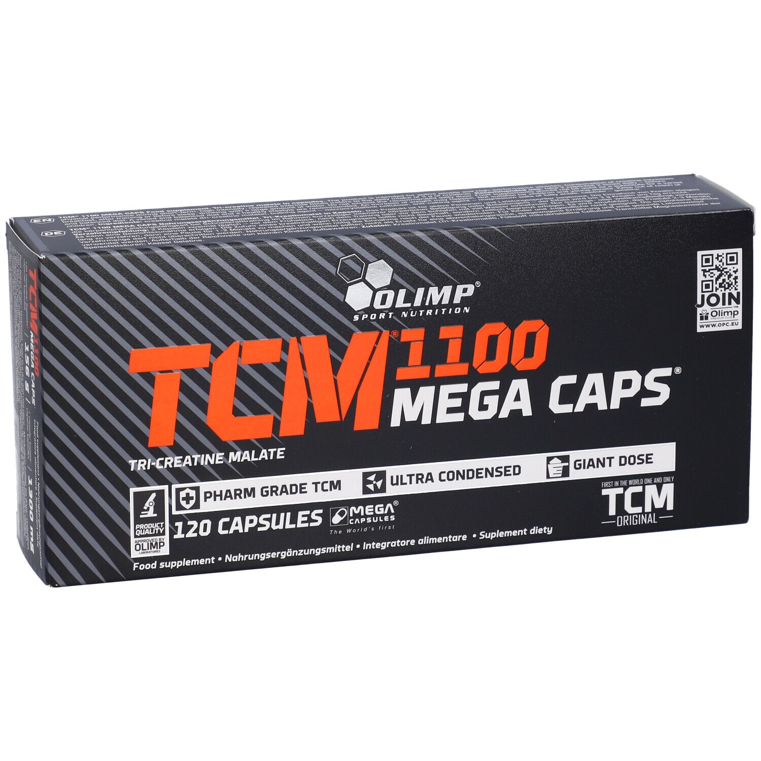 Scatola nera con testo arancione. Contiene 120 capsule. Scritta: TCM 1100 Mega Caps. Marchio: Olimp.