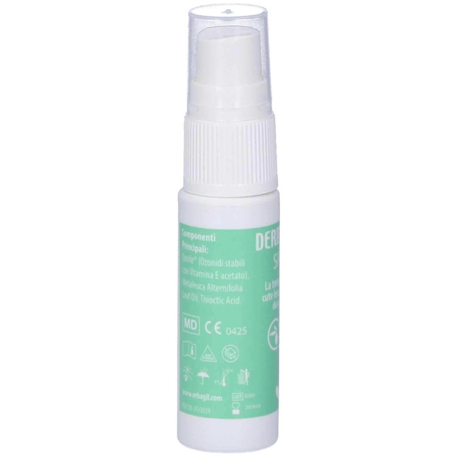 Retro del flacone spray bianco. Etichetta verde con testo. Certificazione MD CE 0425.