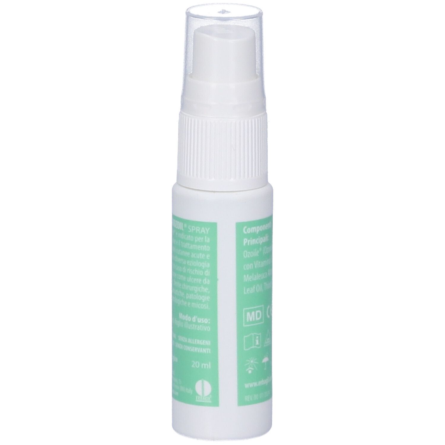 Retro del flacone spray bianco. Etichetta verde con testo. Volume di 20 ml.