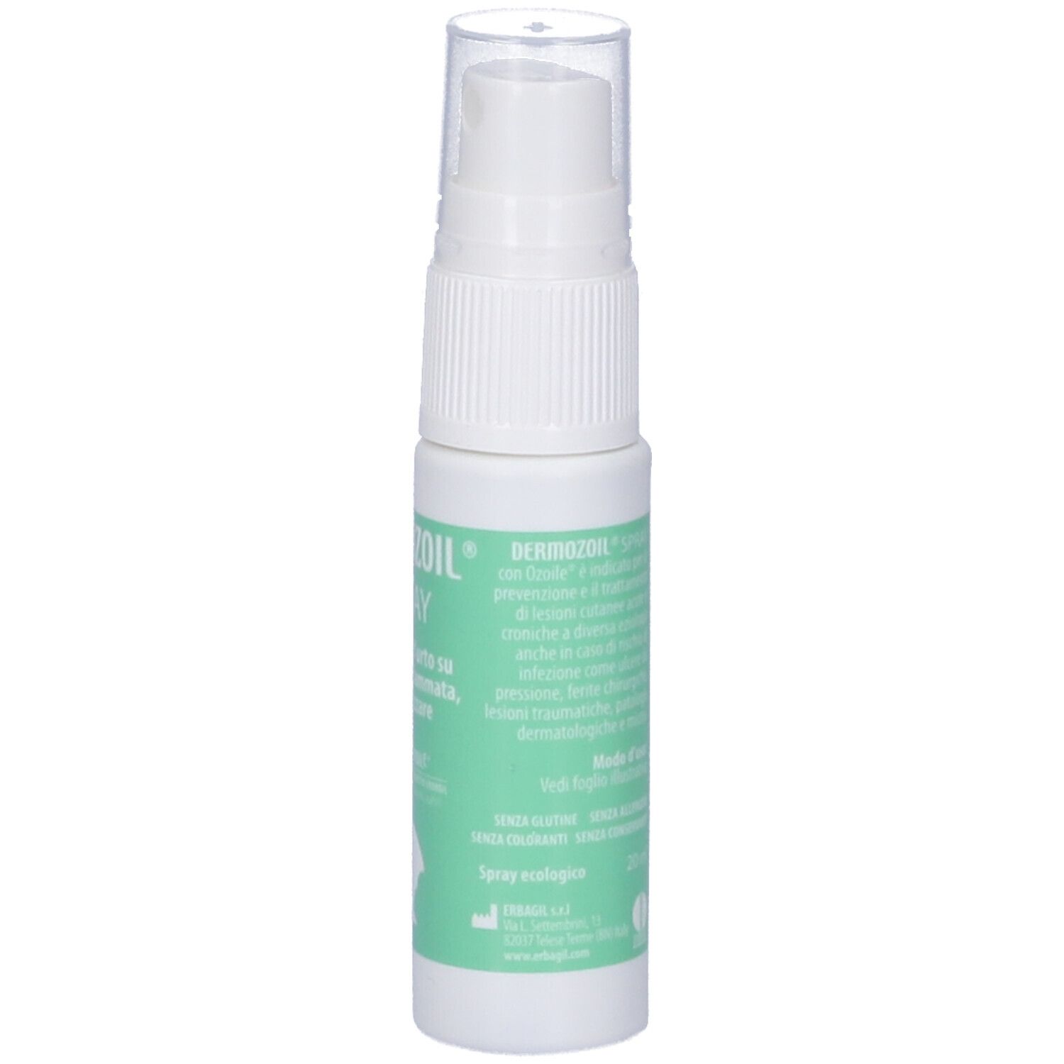 Retro del flacone spray bianco. Etichetta verde con testo. Informazioni del produttore.