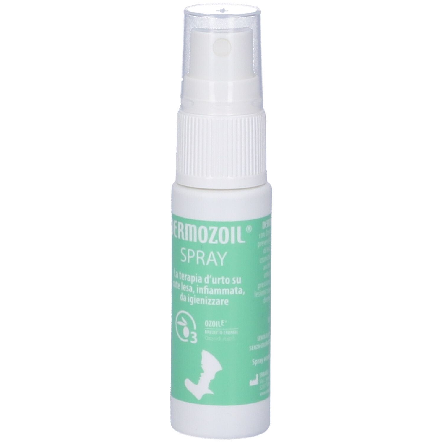Flacone spray bianco con etichetta verde. Scritta: Dermozoil Spray. Con erogatore e tappo trasparente.