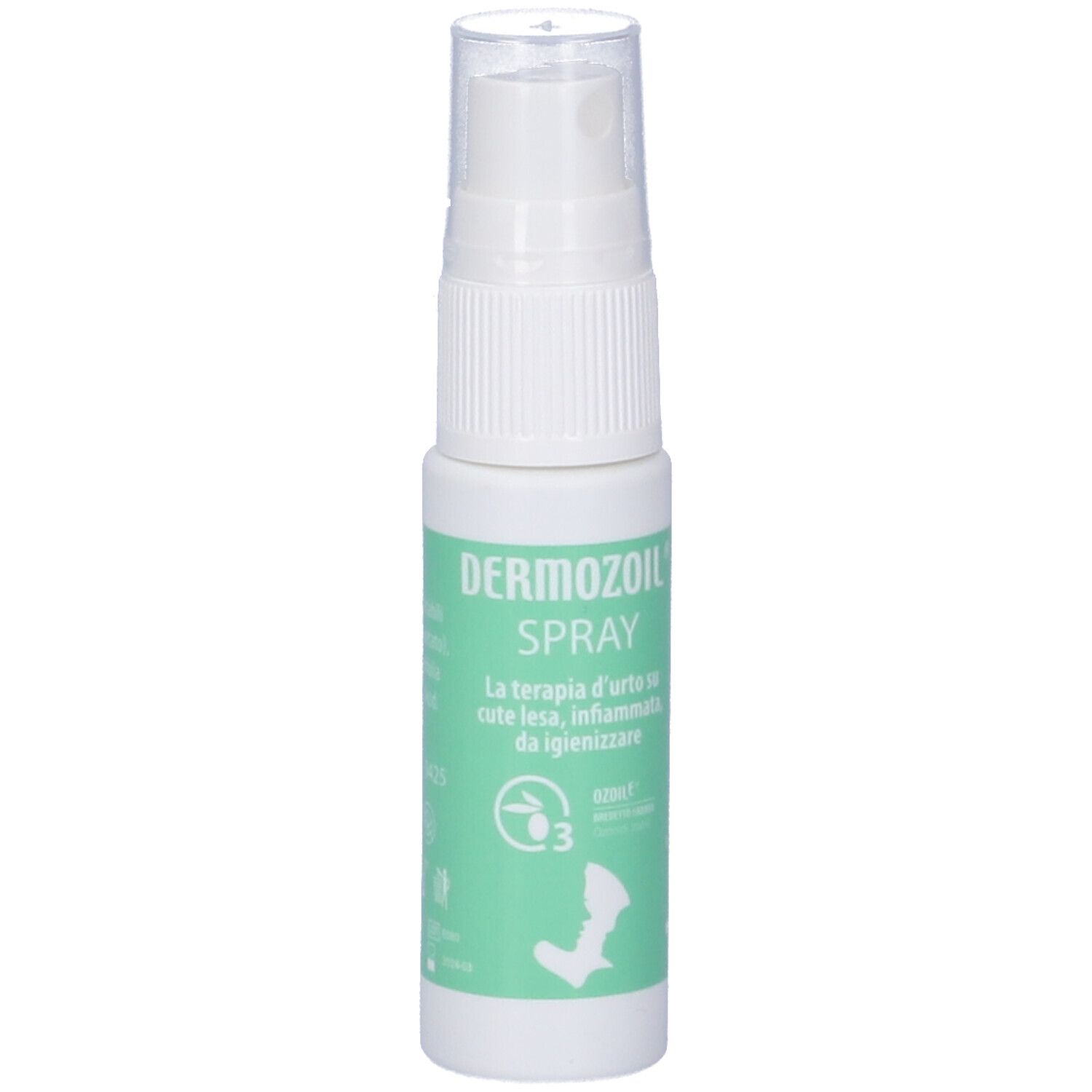 Flacone spray bianco con etichetta verde. Scritta: Dermozoil Spray. Con erogatore e tappo trasparente.