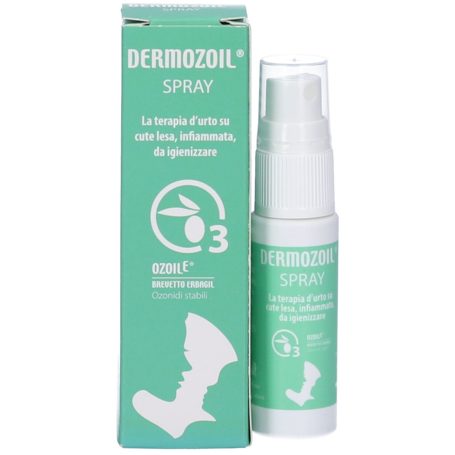 Flacone e scatola Dermozoil Spray. Confezione verde con nome e logo del prodotto.