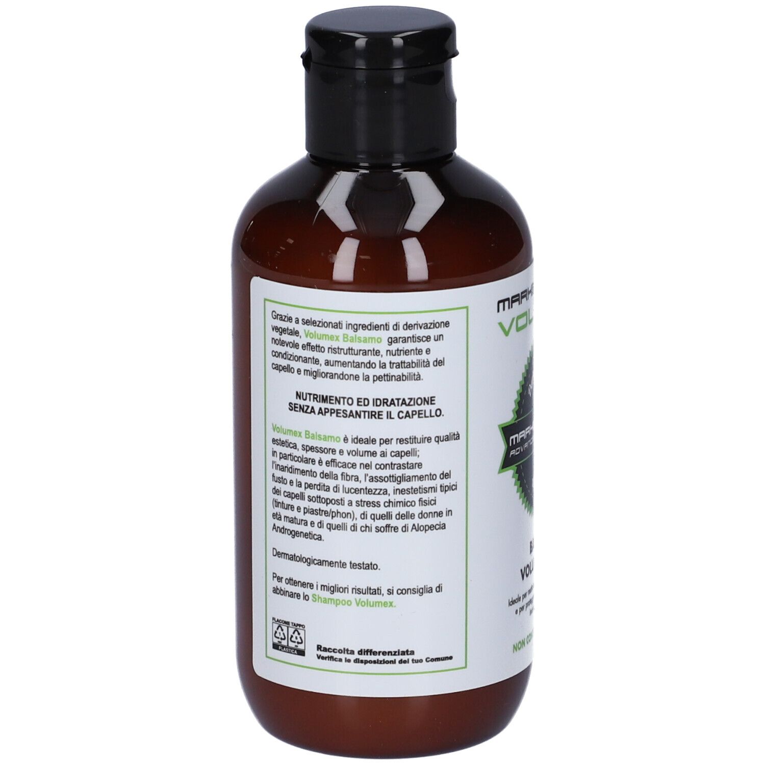 Retro del flacone marrone. Testo sugli ingredienti e l'uso. Markeuticals Volumex Balsamo.