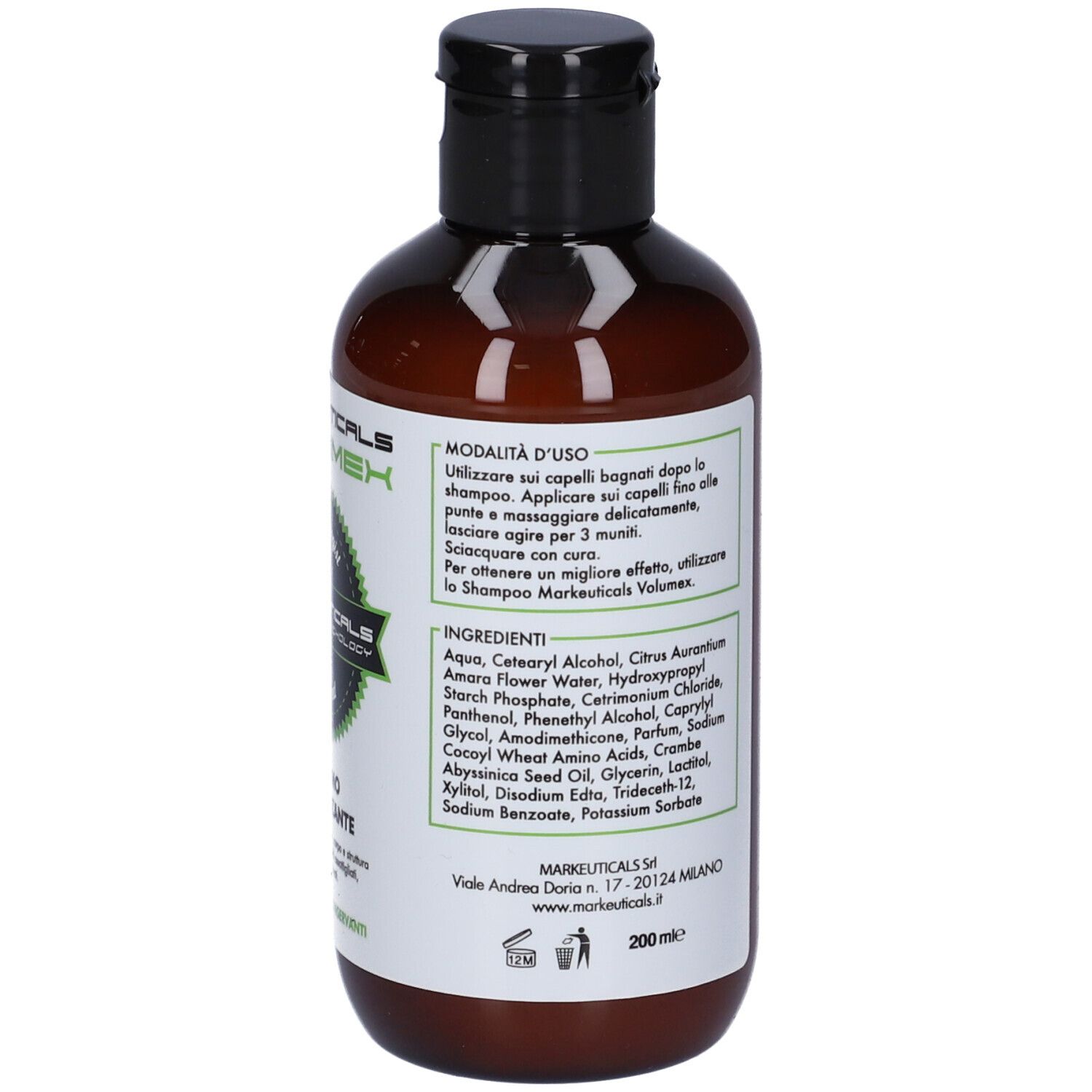 Flacone marrone, retro. Testo su uso e ingredienti. Markeuticals Volumex Balsamo.